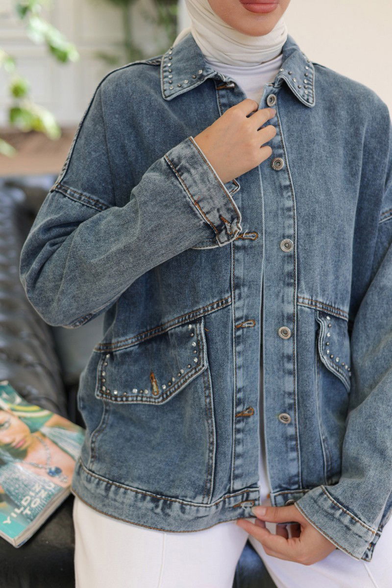 Kadın Taş Detaylı Oversize Denim Kot Ceket Koyu Mavi - 26572 - 3