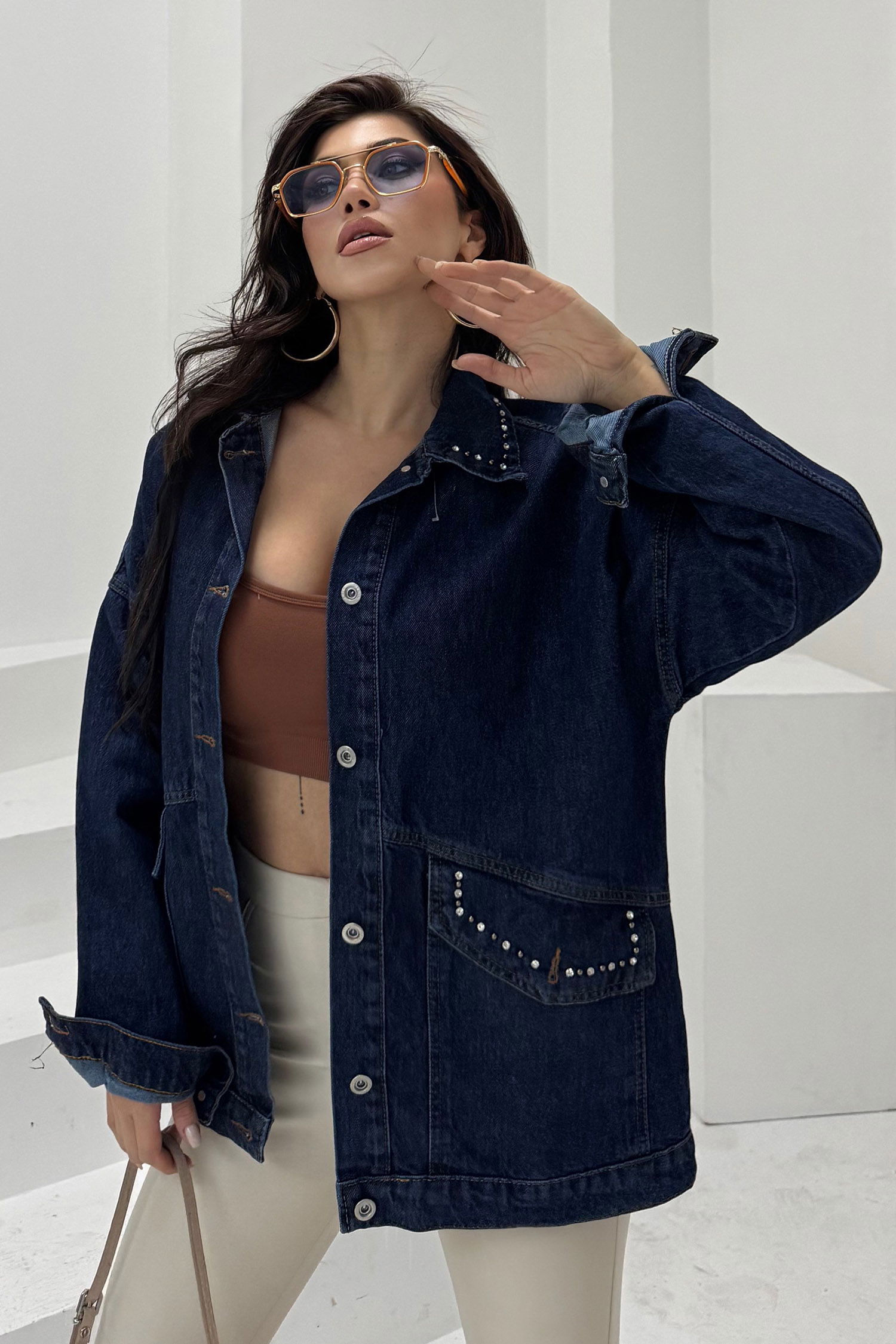 Kadın Taş Detaylı Oversize Denim Kot Ceket Koyu Mavi - 26572 - 4