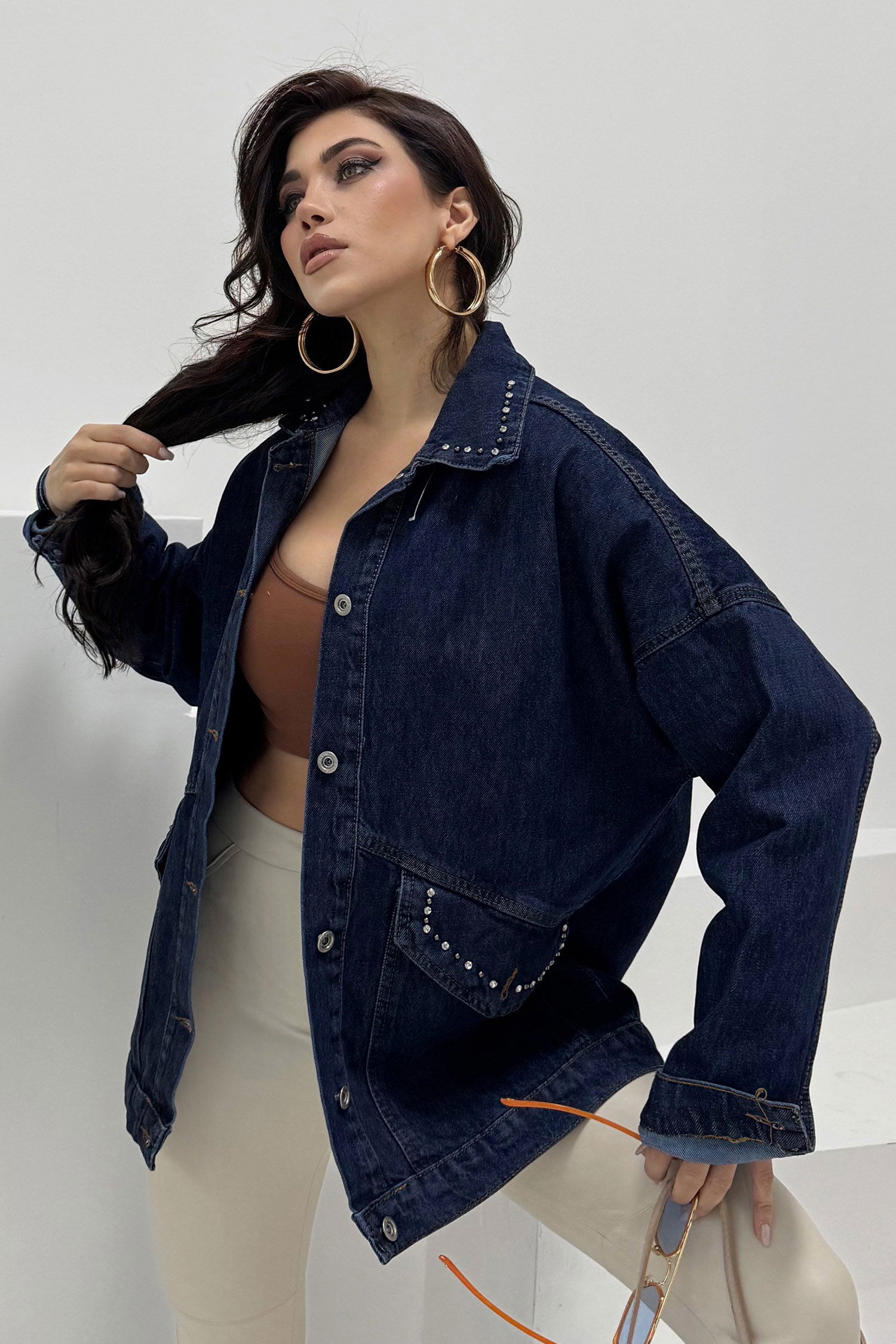 Kadın Taş Detaylı Oversize Denim Kot Ceket Koyu Mavi - 26572 - 5