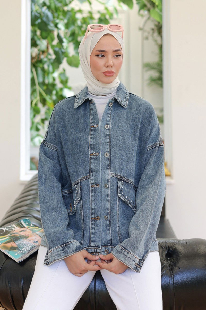 Kadın Taş Detaylı Oversize Denim Kot Ceket Koyu Mavi - 26572 - 6