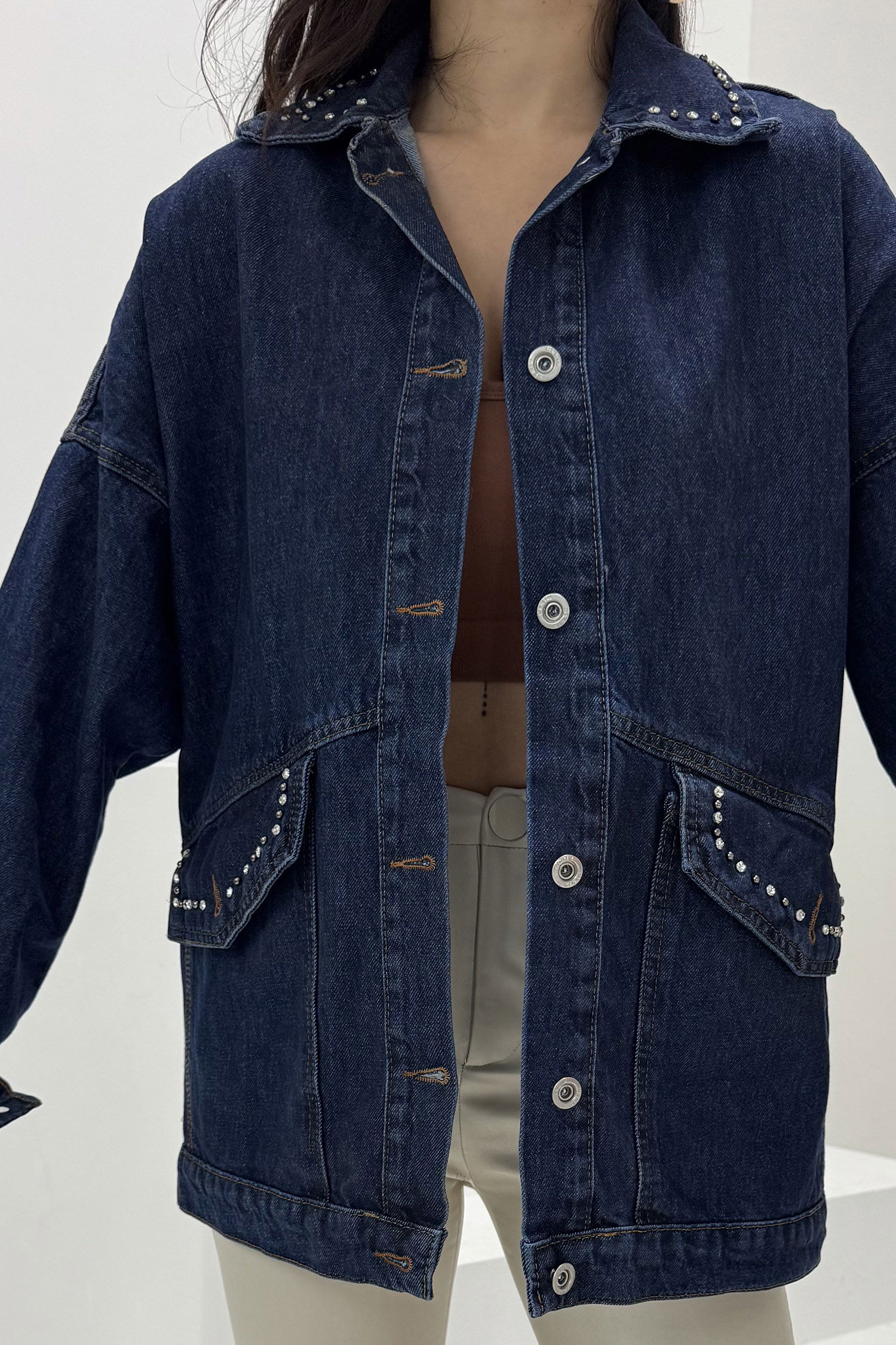 Kadın Taş Detaylı Oversize Denim Kot Ceket Koyu Mavi - 26572 - 7