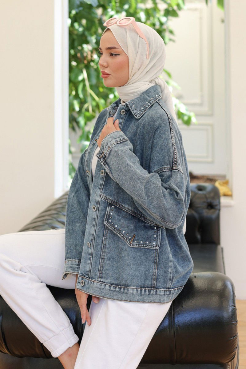 Kadın Taş Detaylı Oversize Denim Kot Ceket Koyu Mavi - 26572 - 8