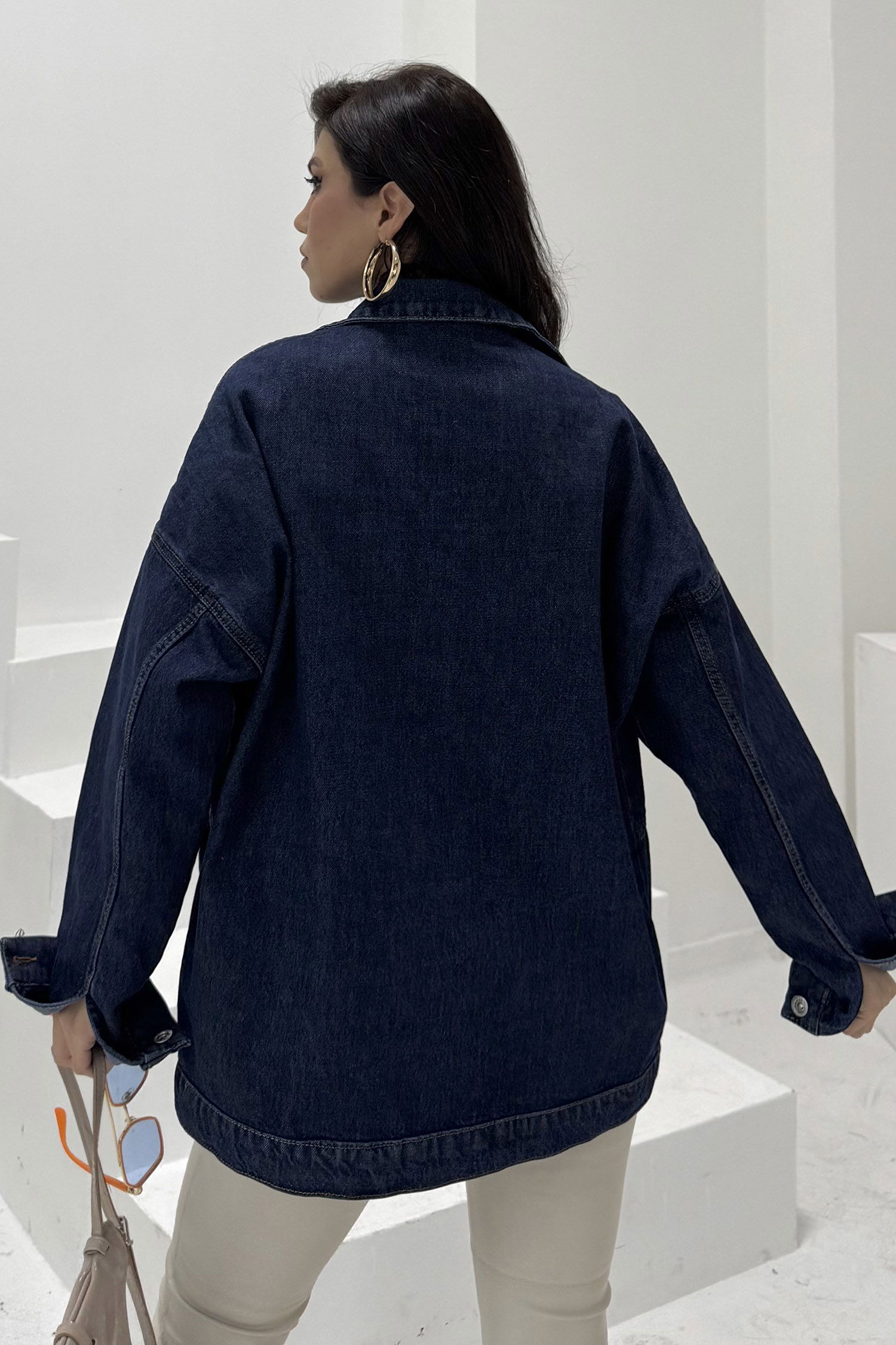 Kadın Taş Detaylı Oversize Denim Kot Ceket Koyu Mavi - 26572 - 9