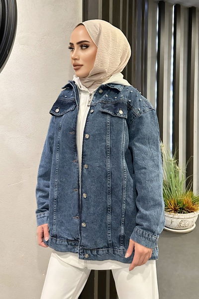 Kadın Omuz Taş Detaylı Oversize Kot Ceket Koyu Mavi - 26616 