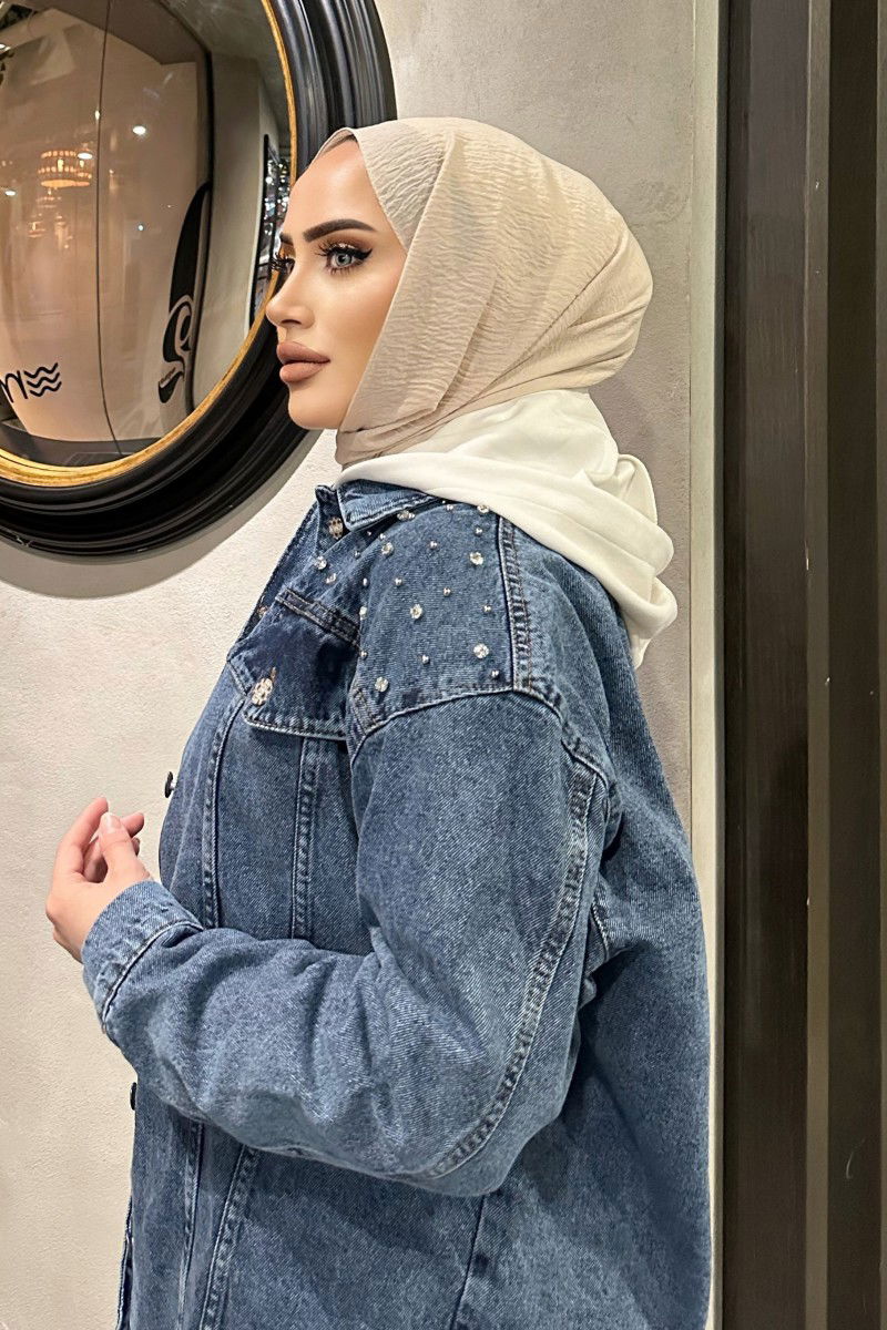 Kadın Omuz Taş Detaylı Oversize Kot Ceket Koyu Mavi - 26616 - 5