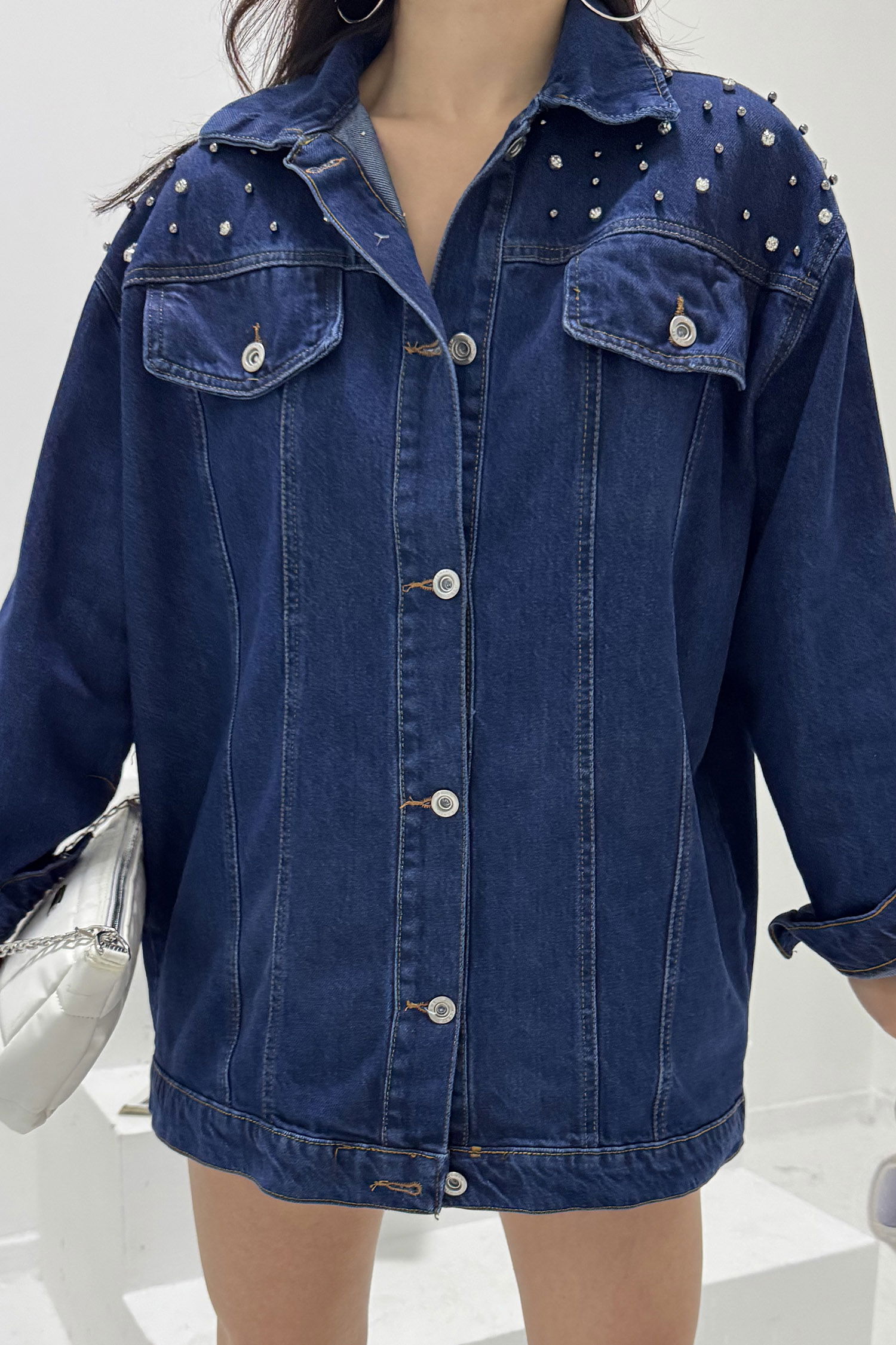 Kadın Omuz Taş Detaylı Oversize Kot Ceket Koyu Mavi - 26616 - 8