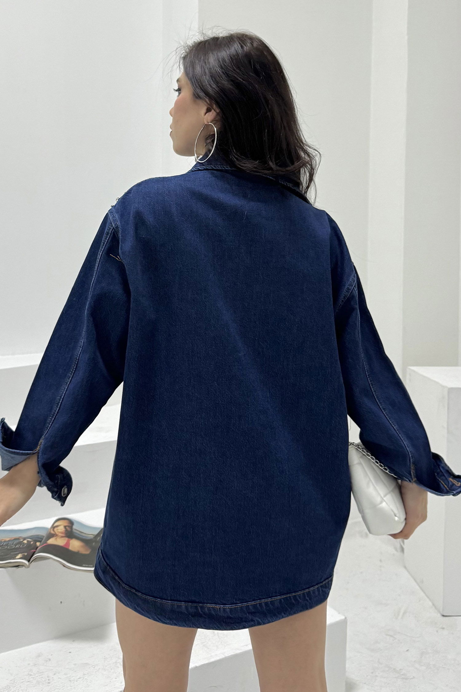 Kadın Omuz Taş Detaylı Oversize Kot Ceket Koyu Mavi - 26616 - 11