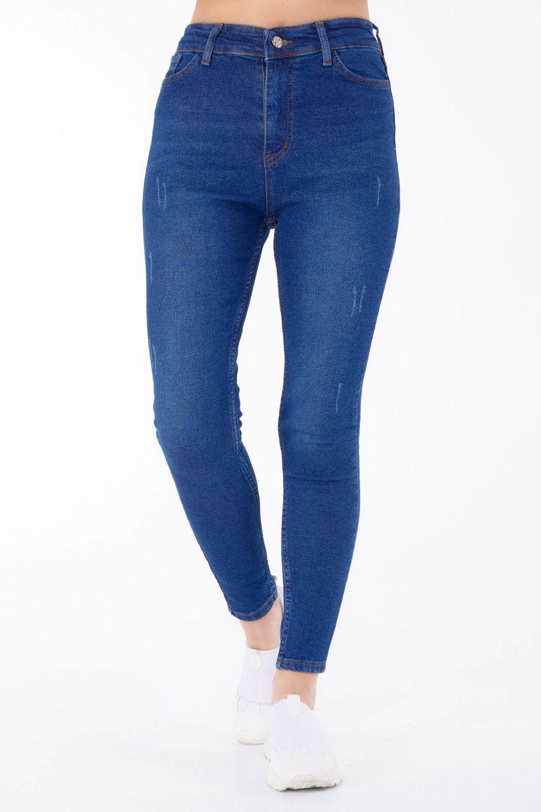 Düz Orta Kadın Koyu Mavi Yüksel Bel Sıkınıy Kot Pantolon - 25179 - TOFİSA