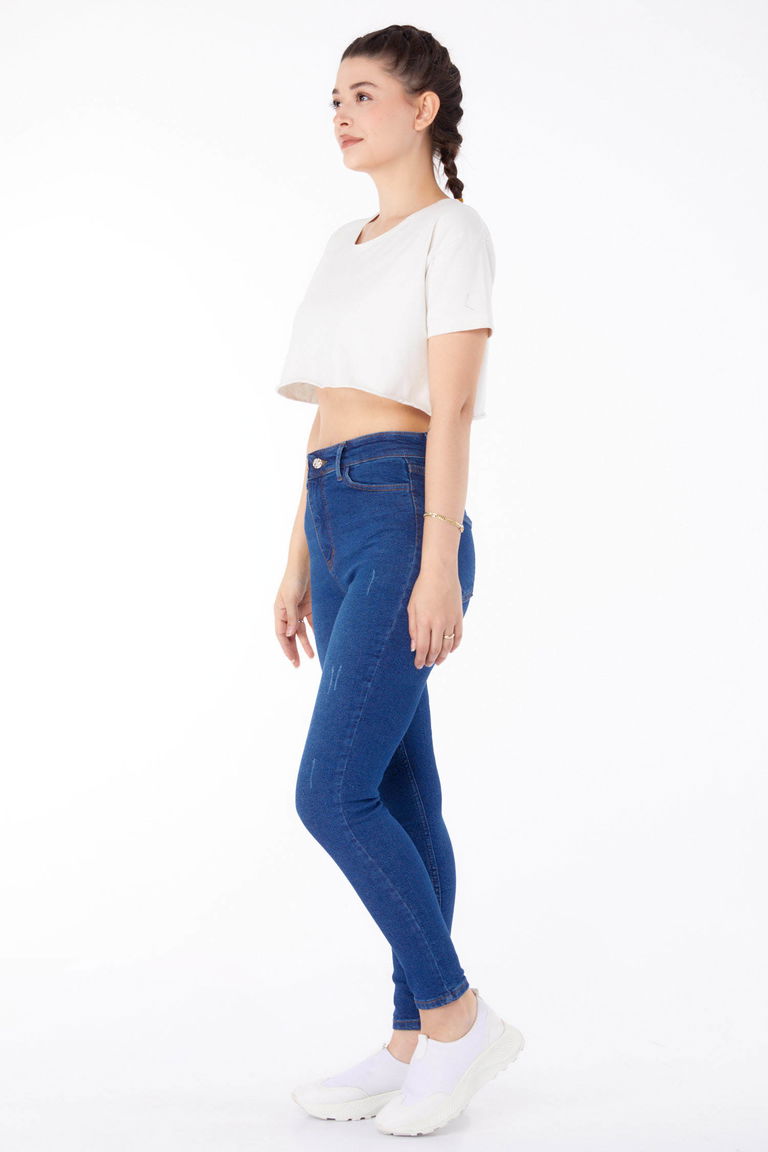 Düz Orta Kadın Koyu Mavi Yüksel Bel Sıkınıy Kot Pantolon - 25179 - TOFİSA