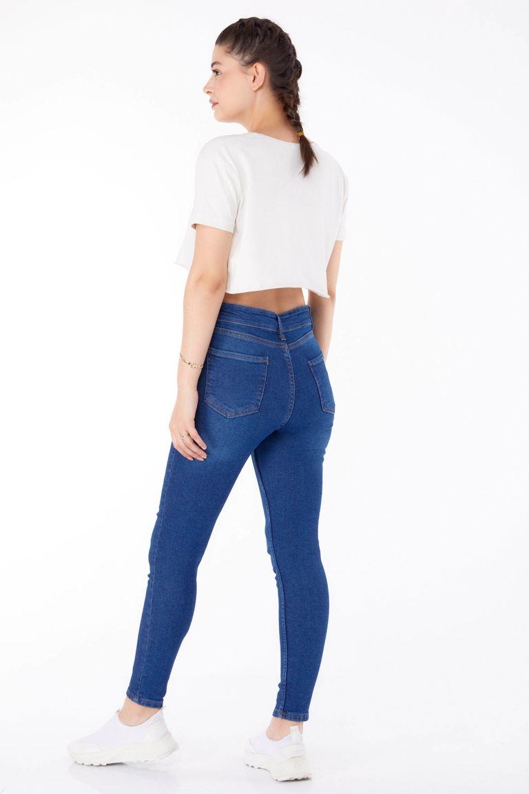 Düz Orta Kadın Koyu Mavi Yüksel Bel Sıkınıy Kot Pantolon - 25179 - TOFİSA
