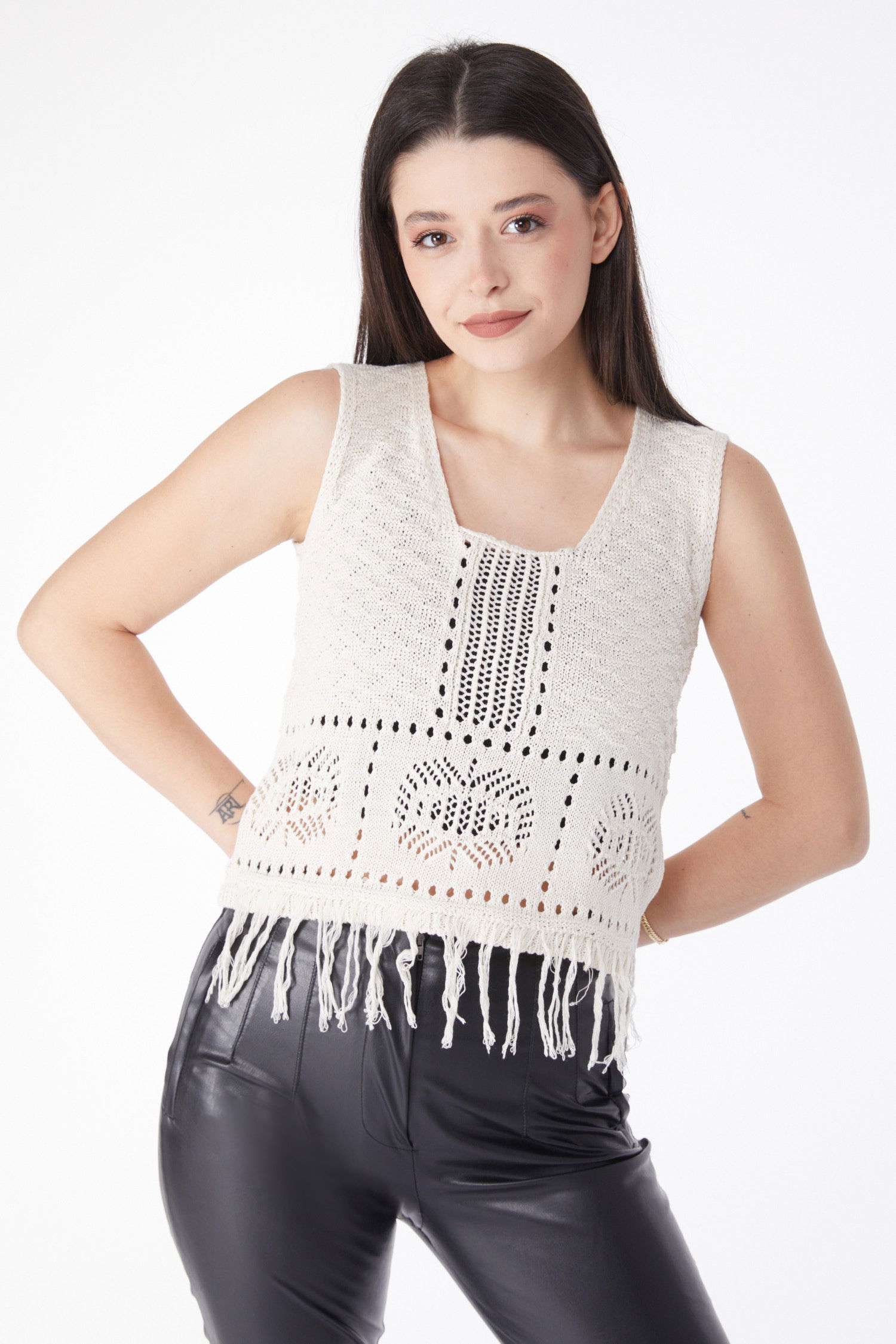 Delikli Crop Triko Krem - 25149 - 11