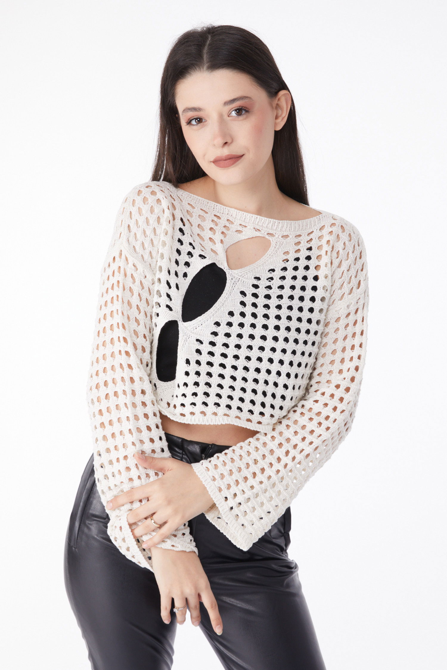 Düz Orta Kadın Krem Delikli Triko Crop - 25146 - 1