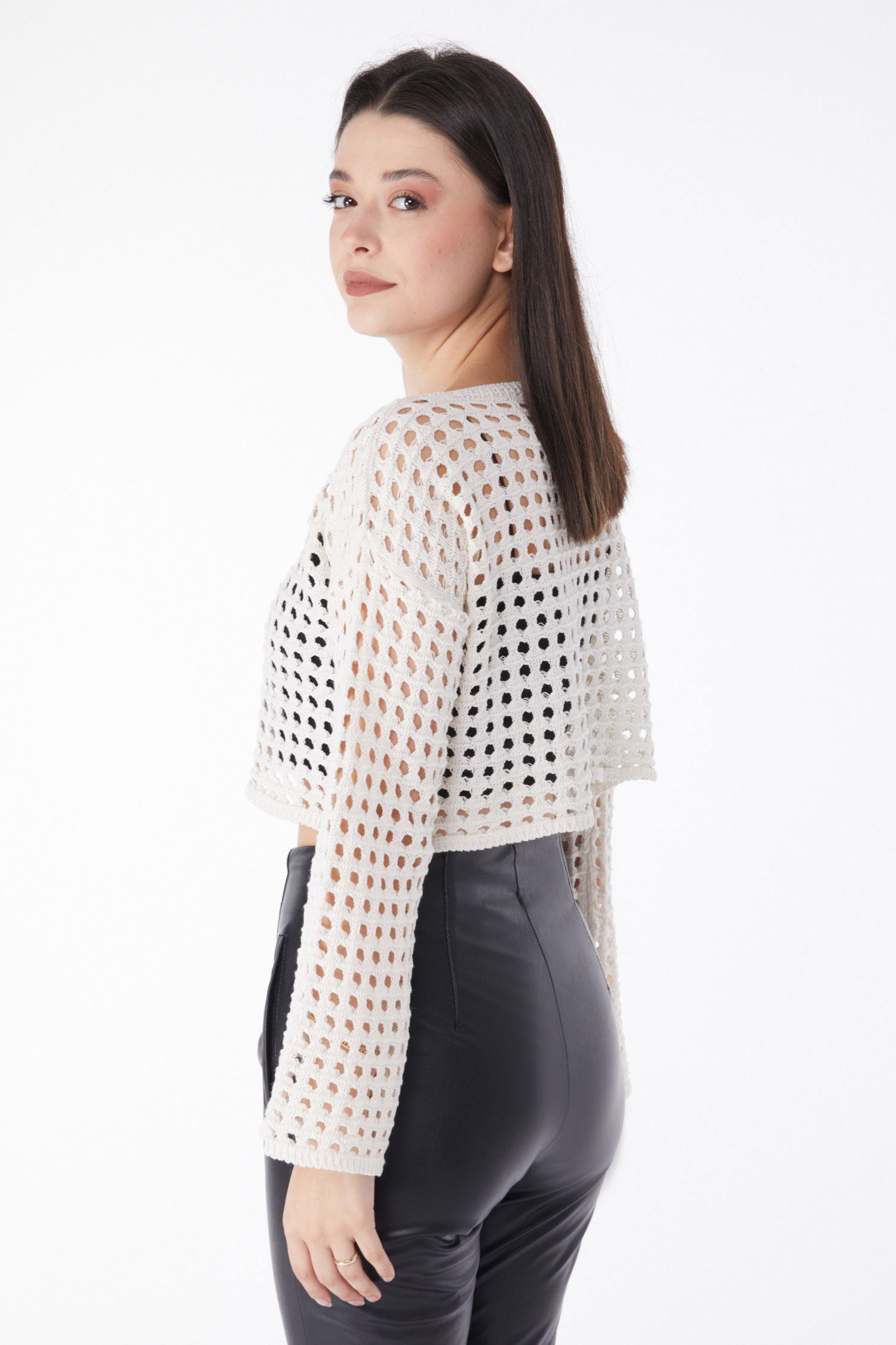 Düz Orta Kadın Krem Delikli Triko Crop - 25146 - 4