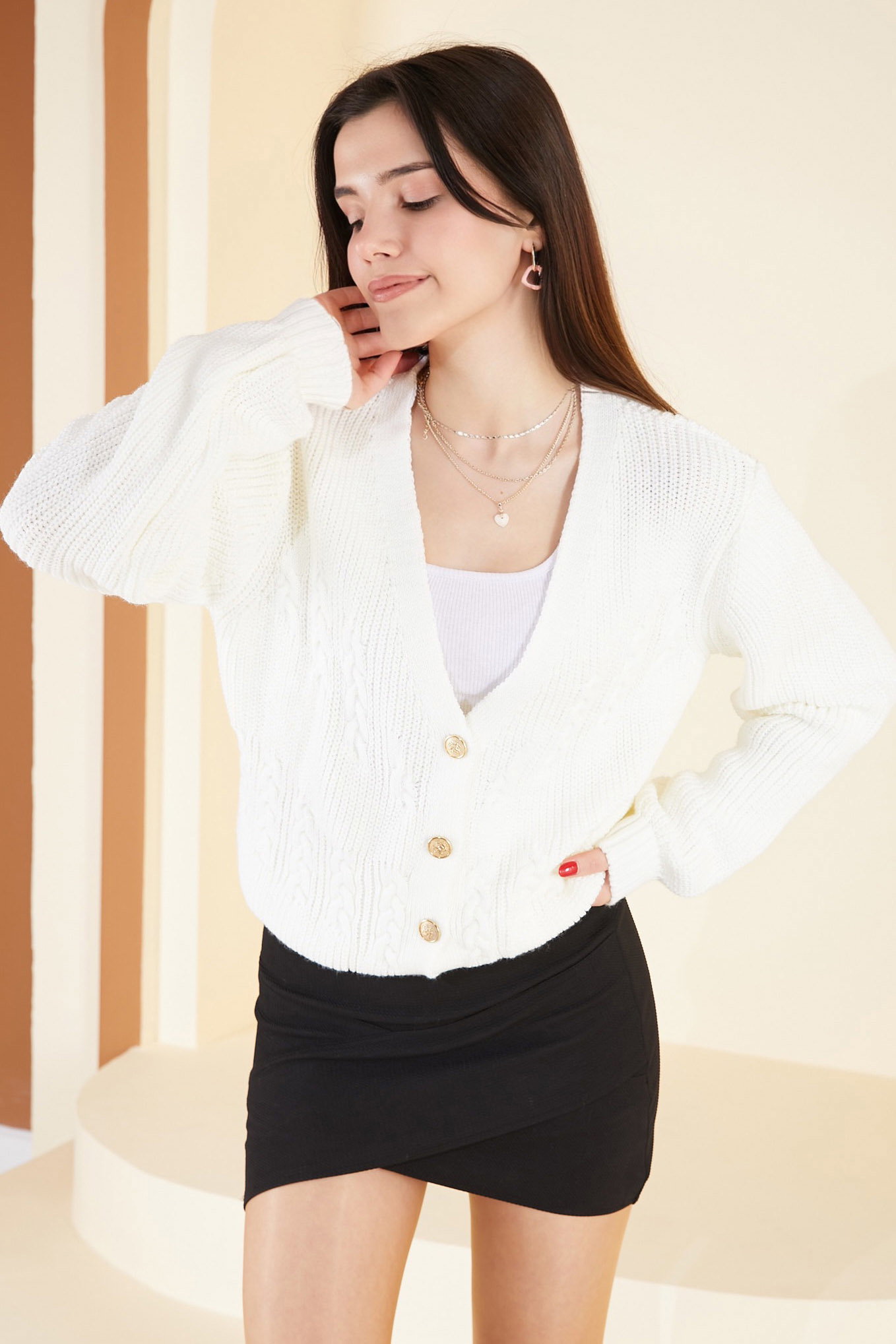 Kısa Triko Hırka Krem - 26683 - 3
