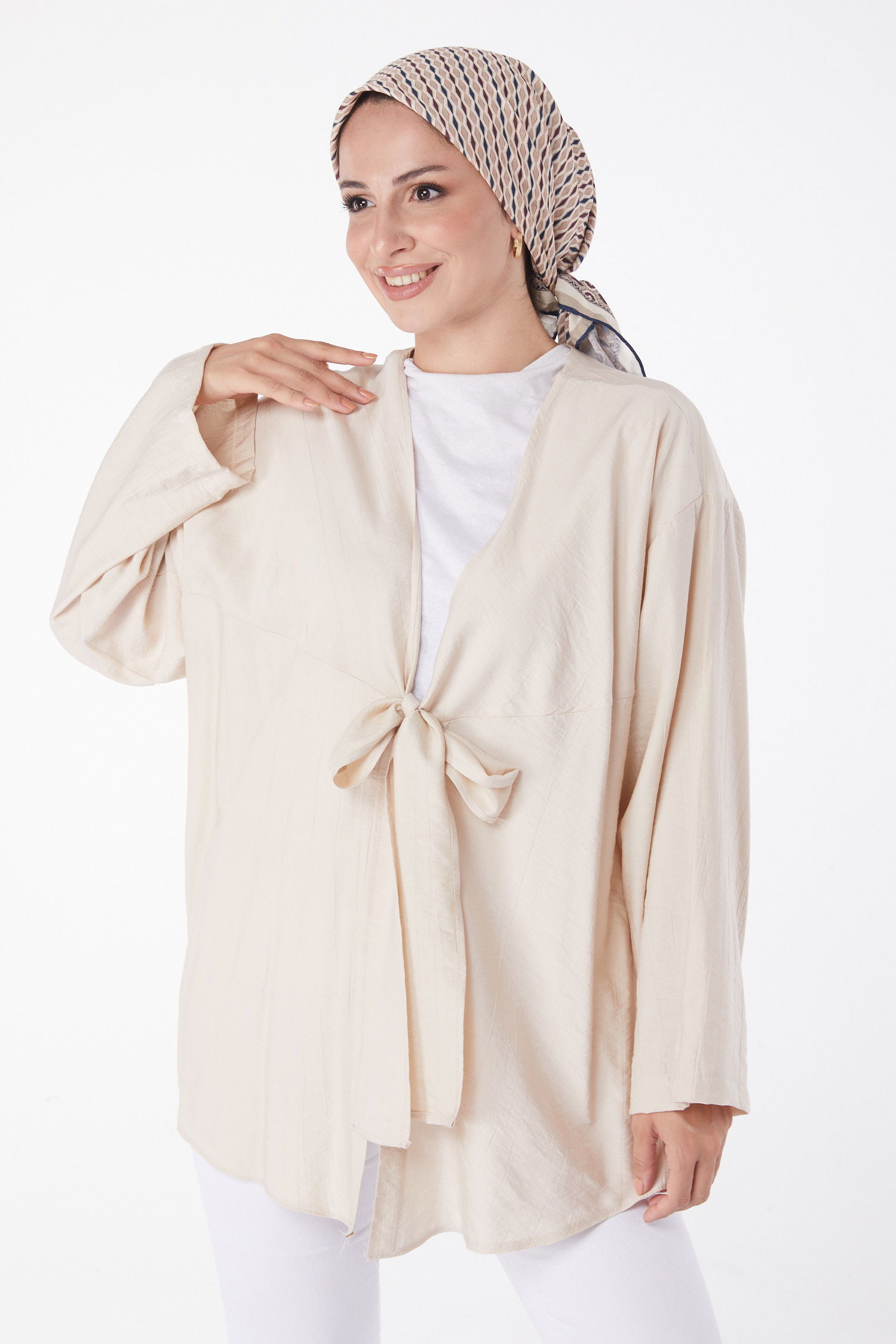 Önü Bağcıklı Hırka Krem - 26135 - 2