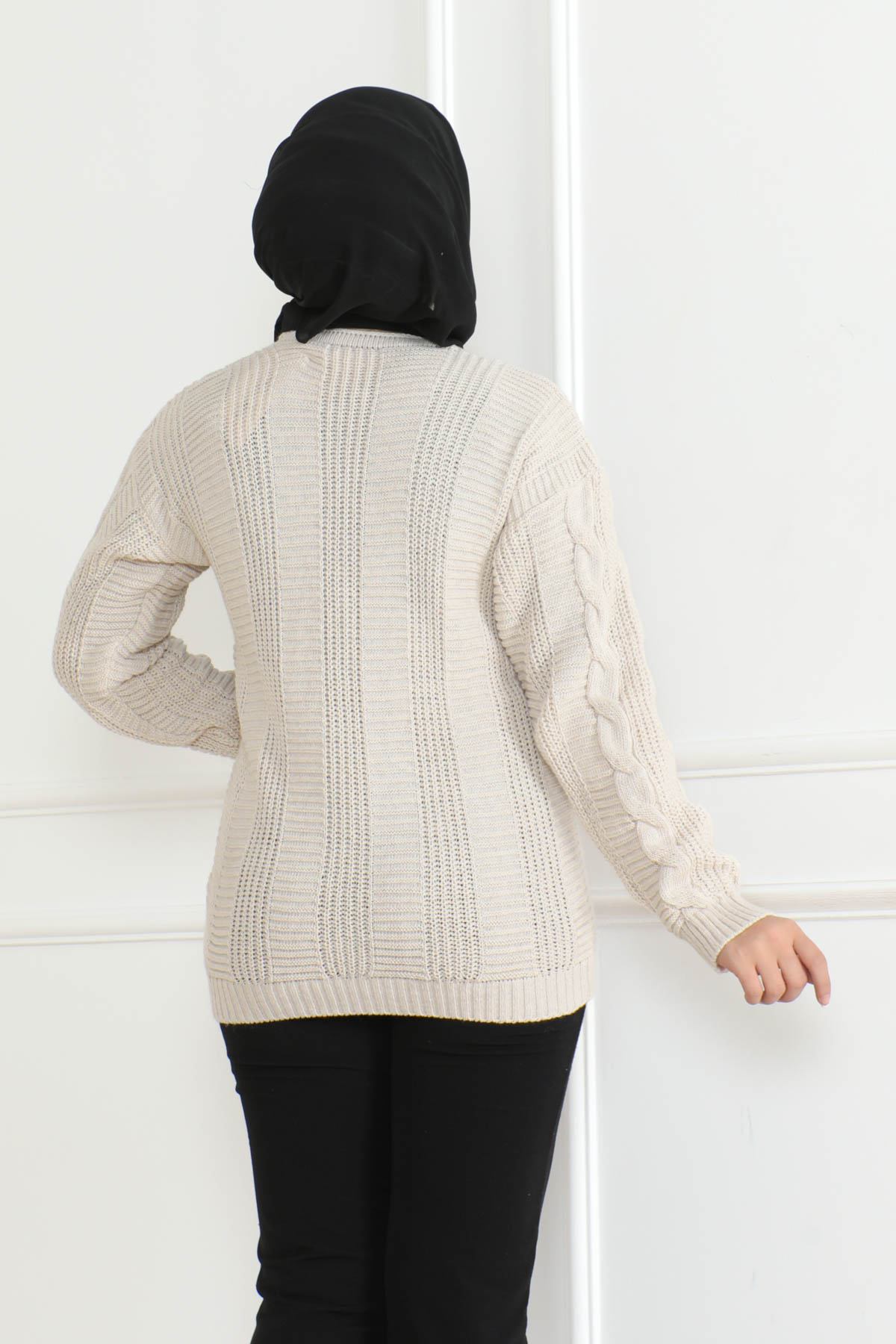Düz Orta Kadın Krem Triko Hırka - 26614 - 4