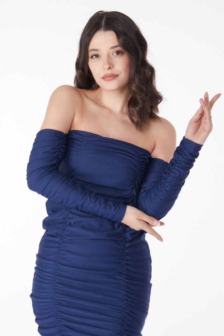 Düz Orta Kadın Lacivert Büzgülü Elbise - 13175 - TOFİSA