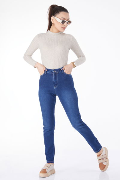 Düz Orta Kadın Lacivert Dar Paça Kot Pantolon - 24983 
