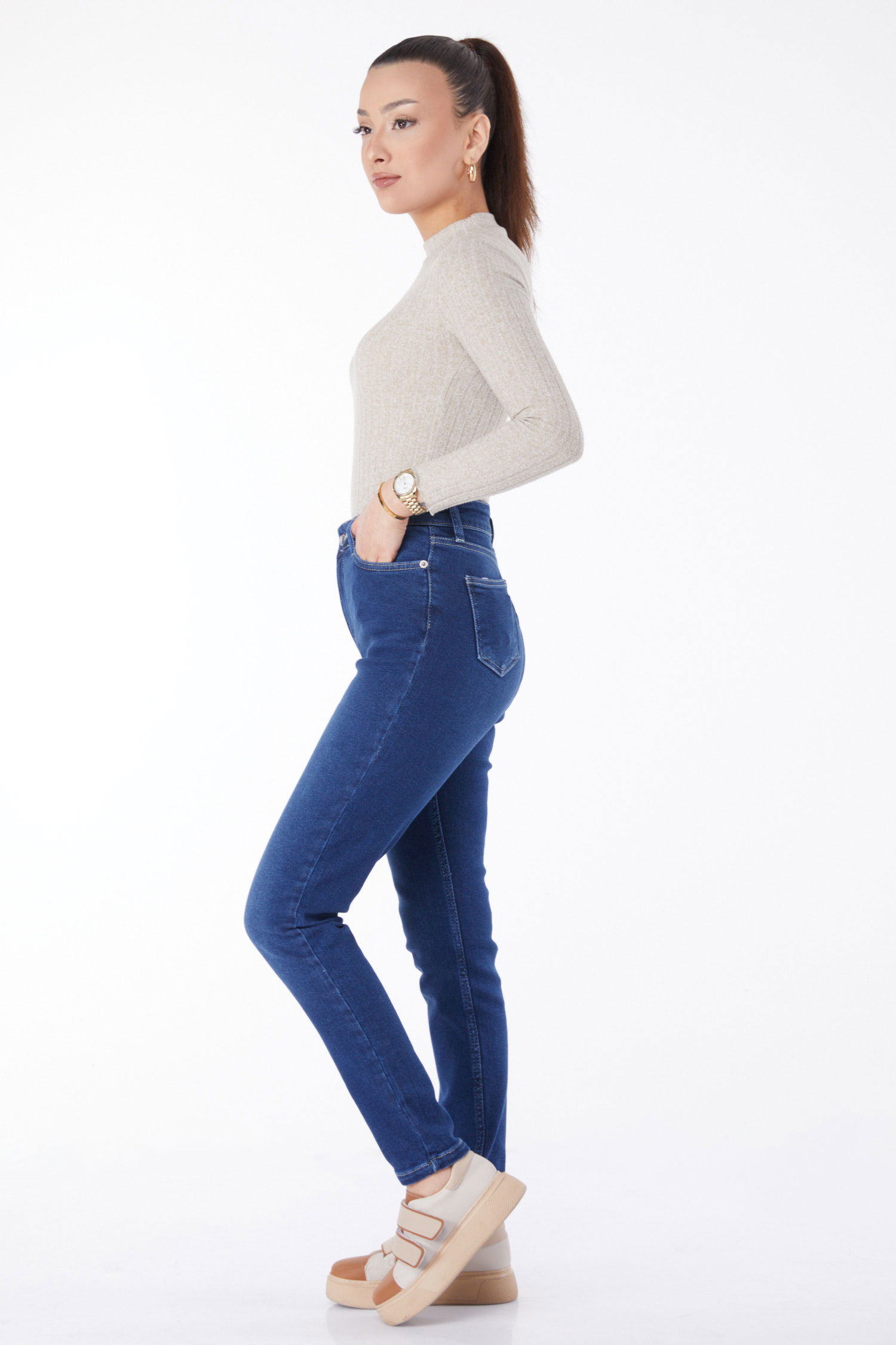 Düz Orta Kadın Lacivert Dar Paça Kot Pantolon - 24983 - 3
