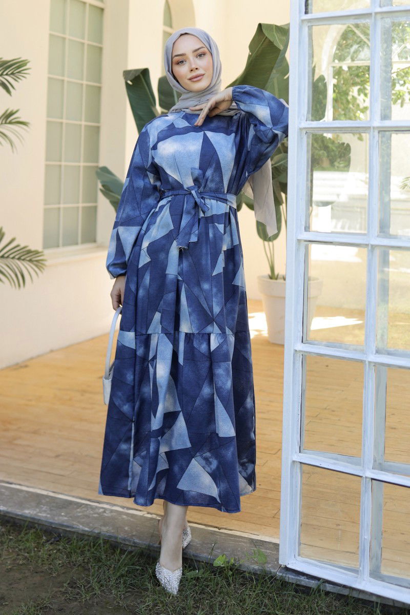 Desenli Kolu Büzgülü Elbise Lacivert - 26620 - 2