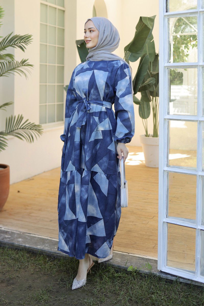 Desenli Kolu Büzgülü Elbise Lacivert - 26620 - 3