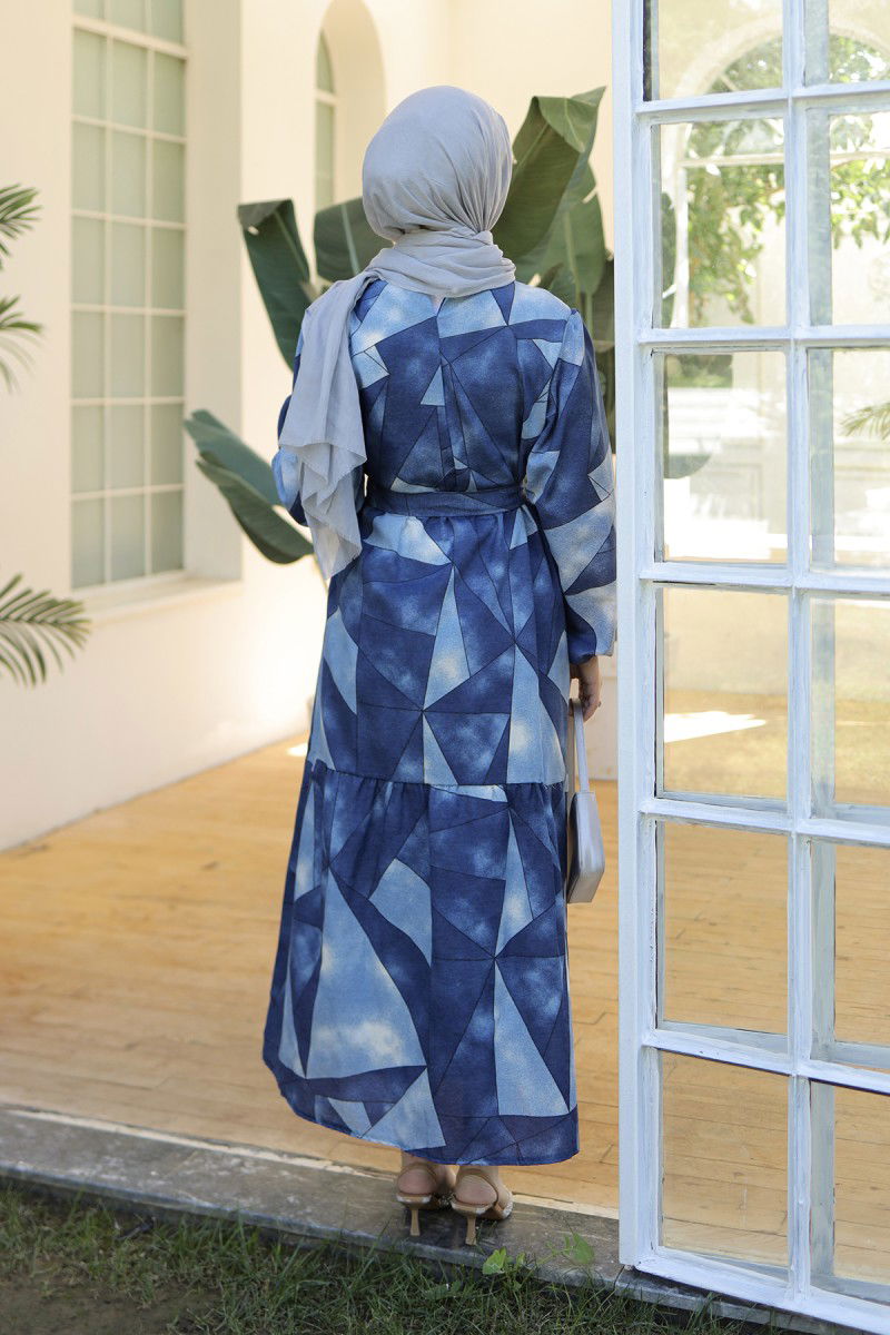 Desenli Kolu Büzgülü Elbise Lacivert - 26620 - 5