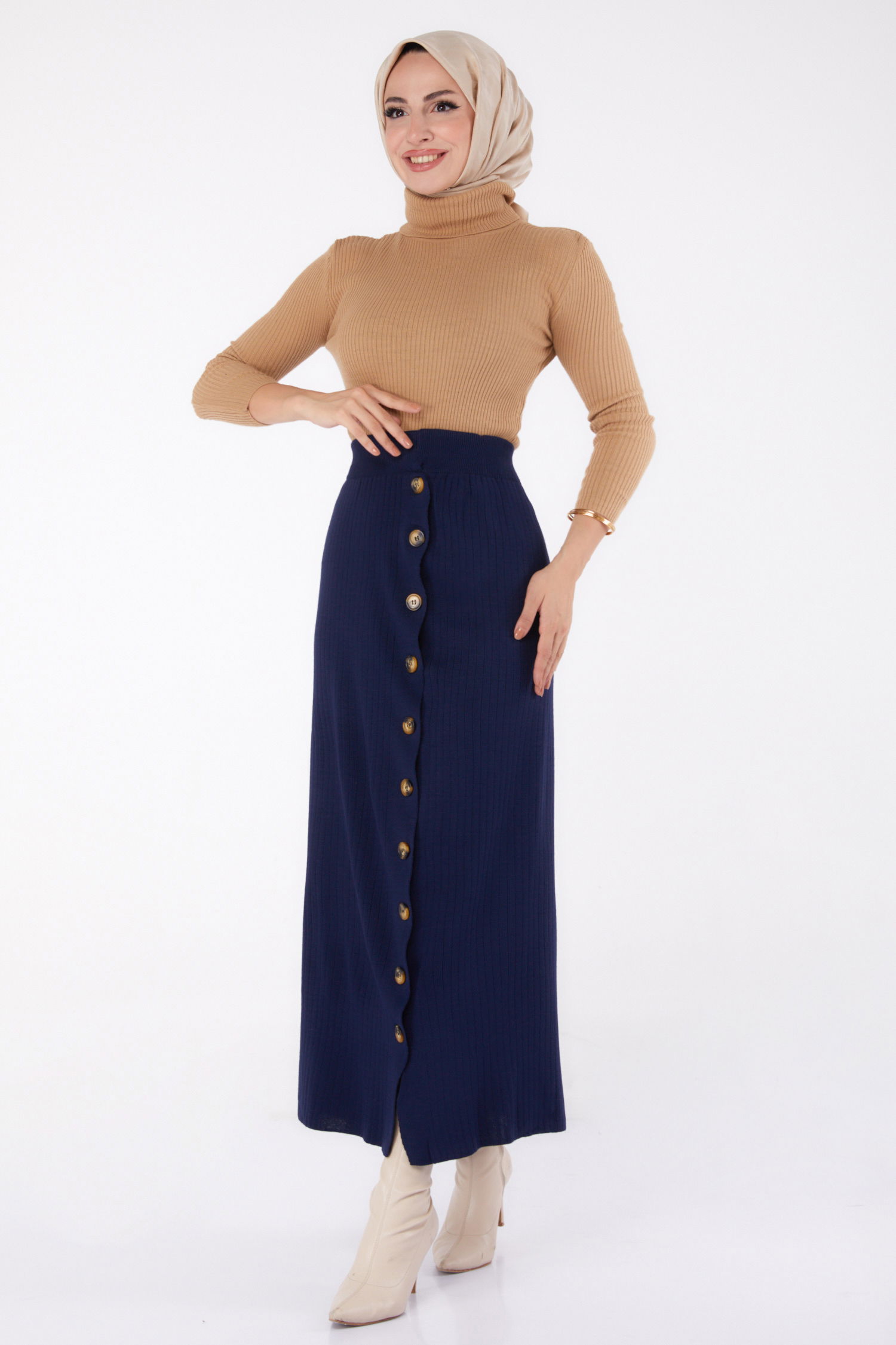 Düz Orta Kadın Lacivert Düğmeli Triko Etek - 24722 - 2