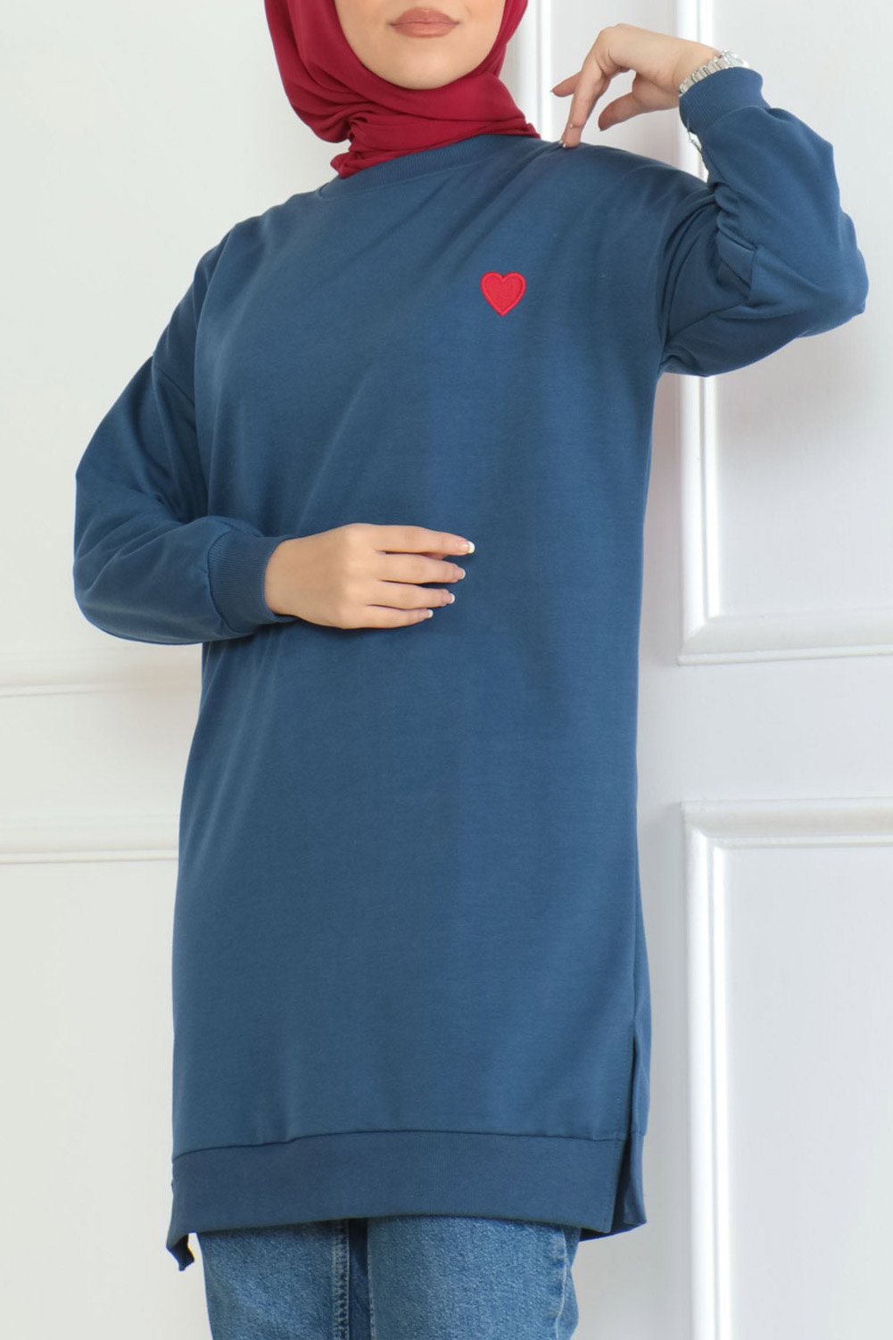 Düz Orta Kadın Lacivert Kalpli Tunik - 26604 - 1