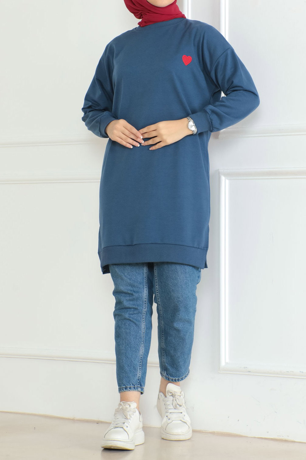 Düz Orta Kadın Lacivert Kalpli Tunik - 26604 - 2