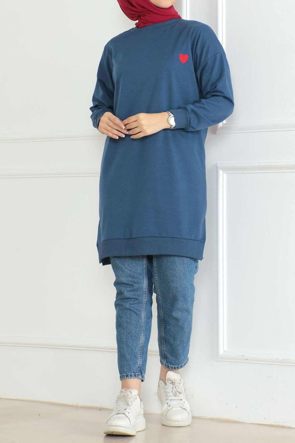 Düz Orta Kadın Lacivert Kalpli Tunik - 26604 - 3