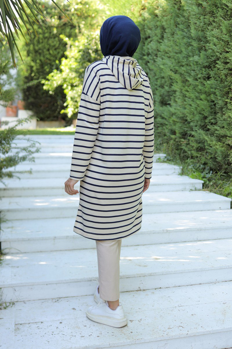 Kapşonlu Çizgili Tunik Lacivert - 26587 - 2