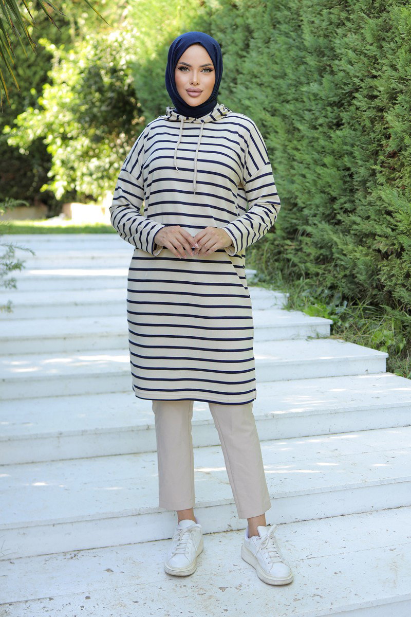 Kapşonlu Çizgili Tunik Lacivert - 26587 - 3