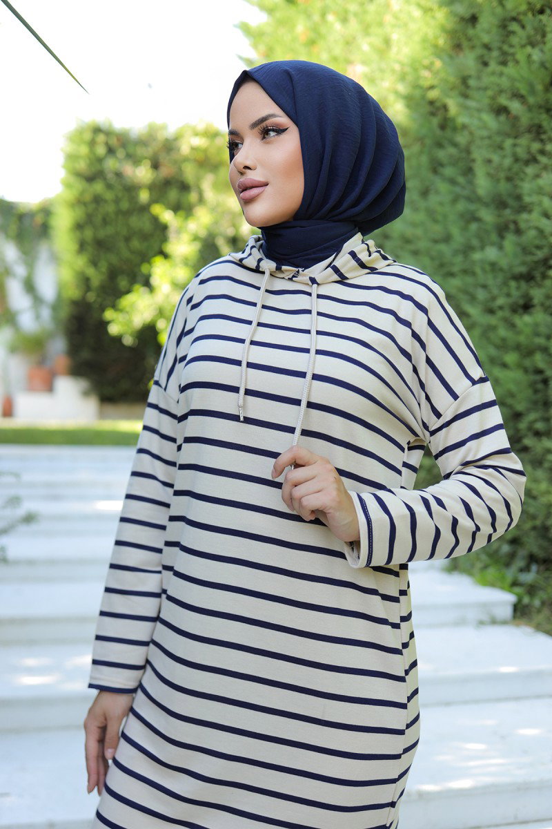 Kapşonlu Çizgili Tunik Lacivert - 26587 - 8