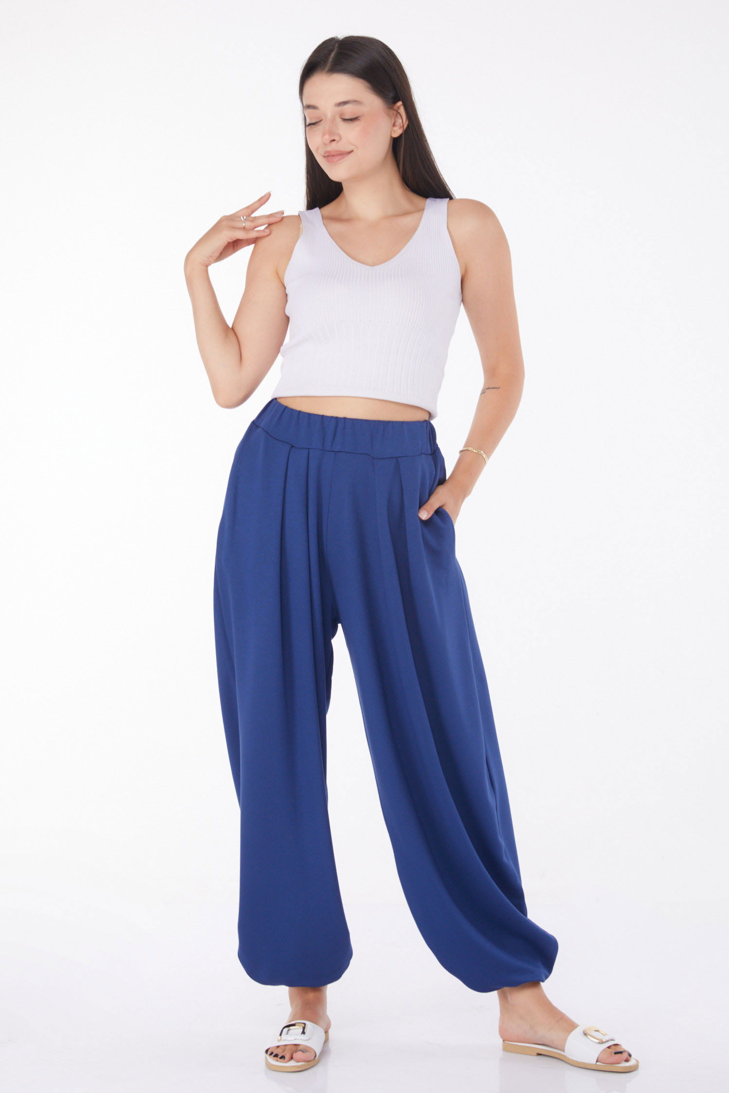 Düz Orta Kadın Lacivert Şalvar Pantolon - 25920 - 1