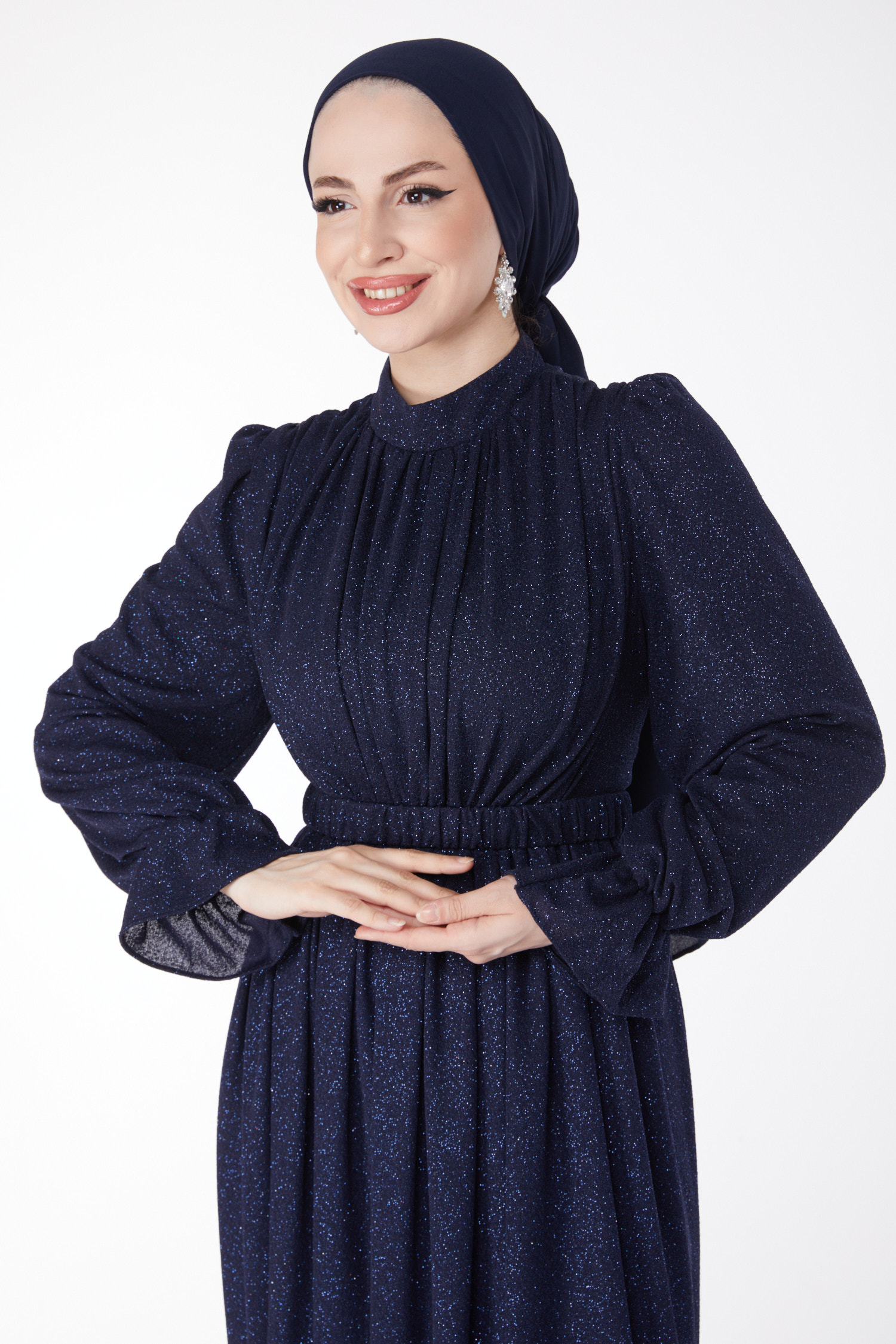 Simli Kemerli Abiye Elbise Lacivert - 25058 - 3