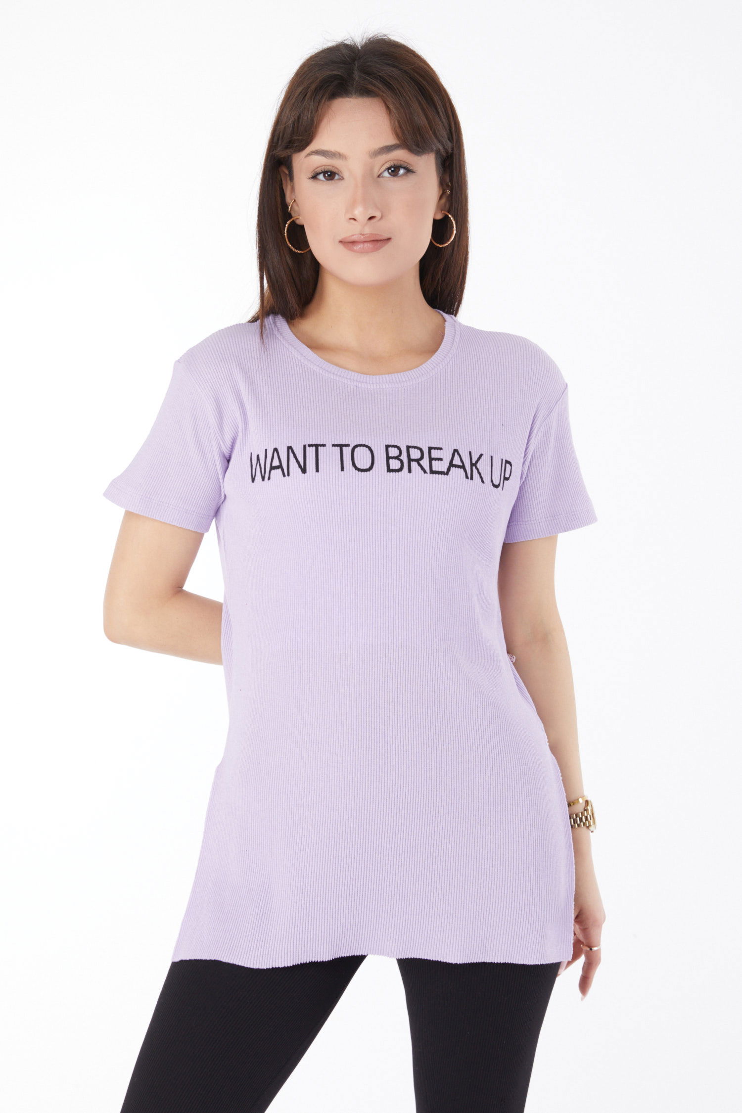 Baskılı Yırtmaçlı T-shirt Lila - 24791 - 3