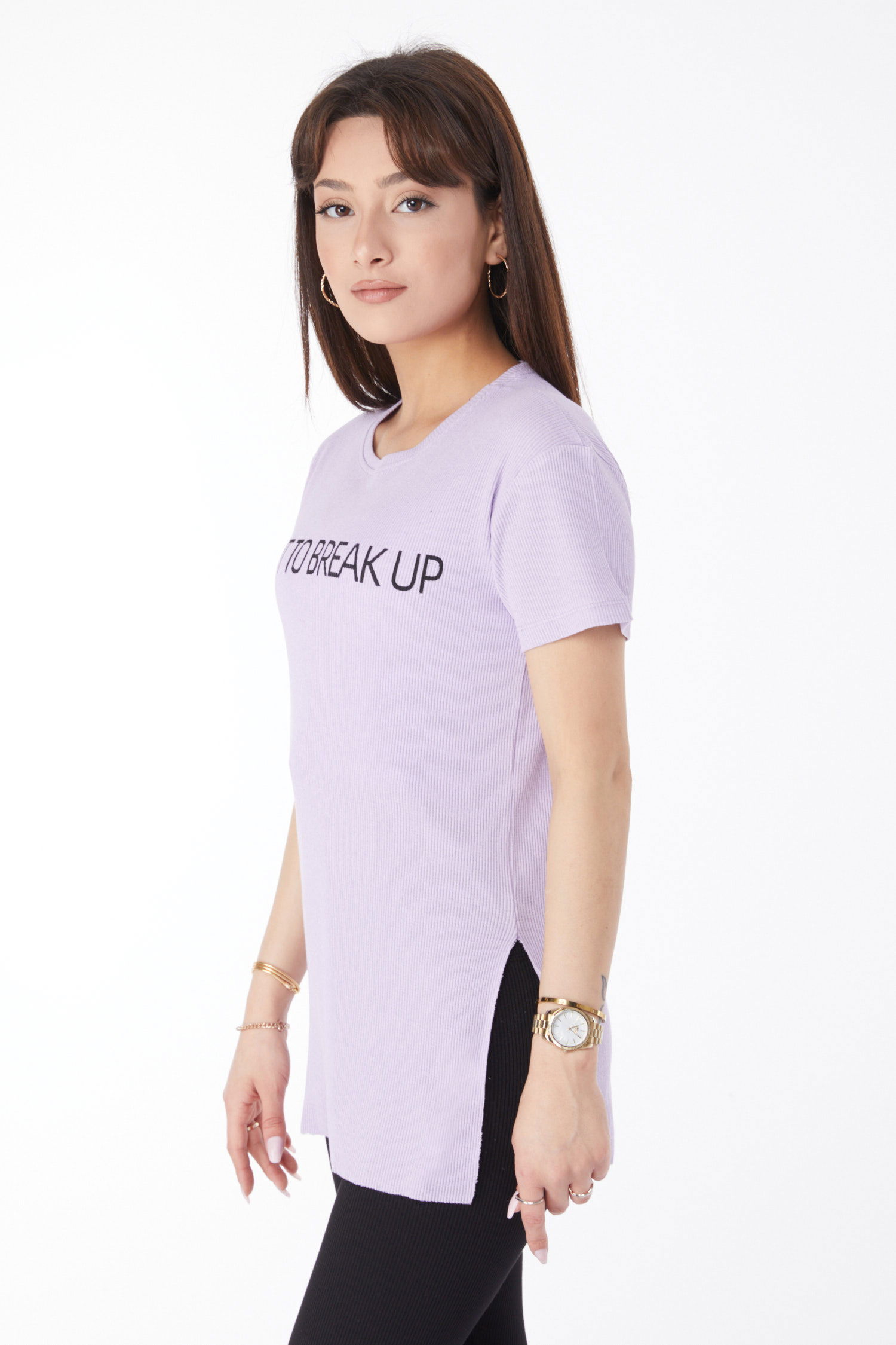 Baskılı Yırtmaçlı T-shirt Lila - 24791 - 4
