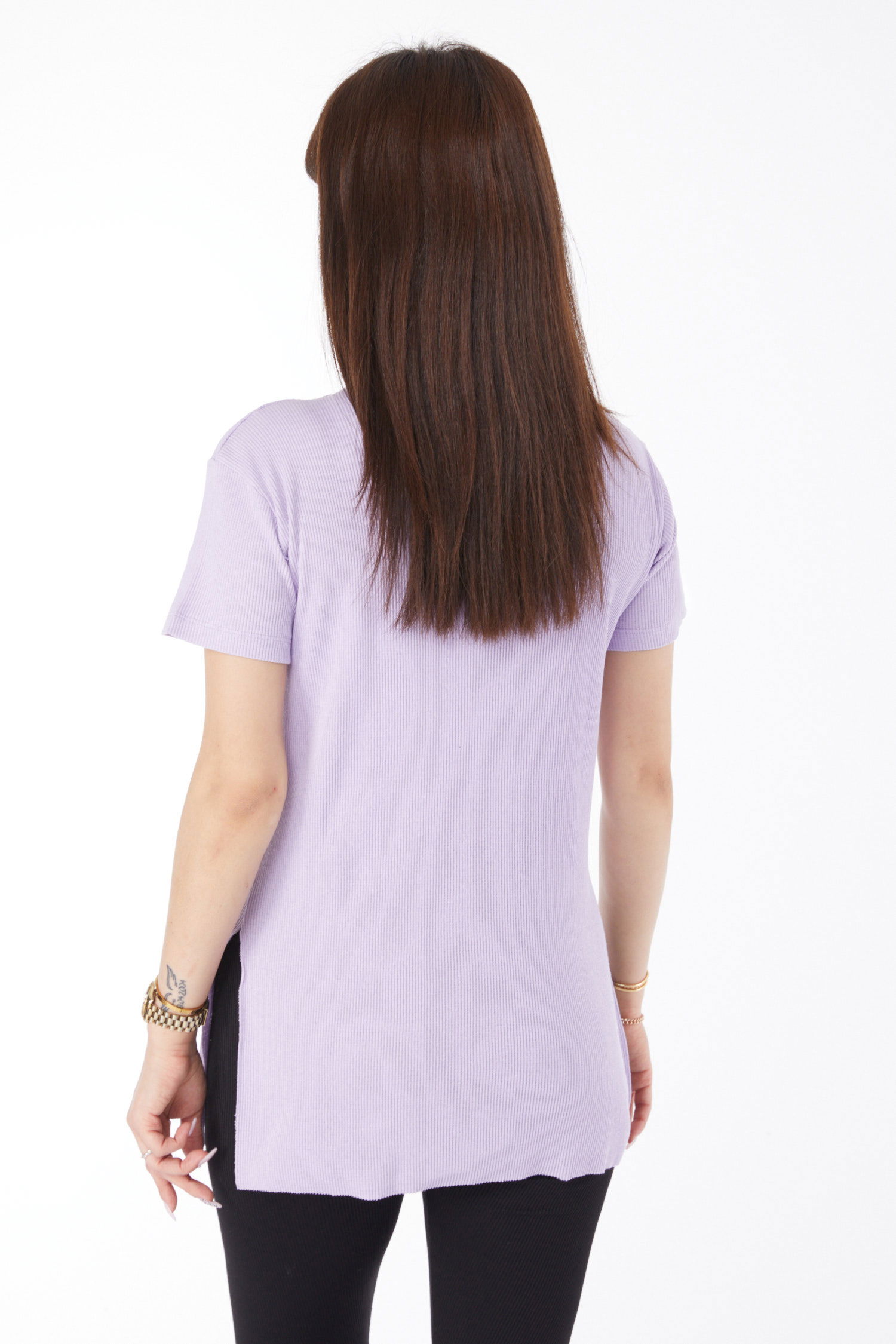 Baskılı Yırtmaçlı T-shirt Lila - 24791 - 5