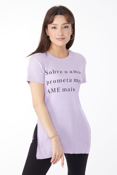 Düz Orta Kadın Lila Baskılı Yırtmaçlı T-shirt - 24792 