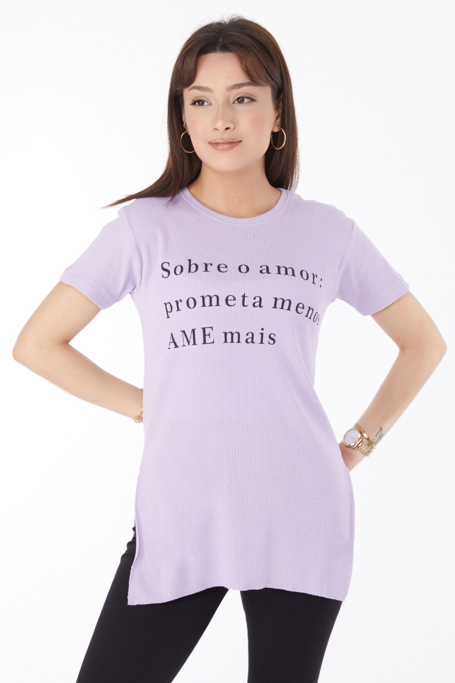 Düz Orta Kadın Lila Baskılı Yırtmaçlı T-shirt - 24792 - 2