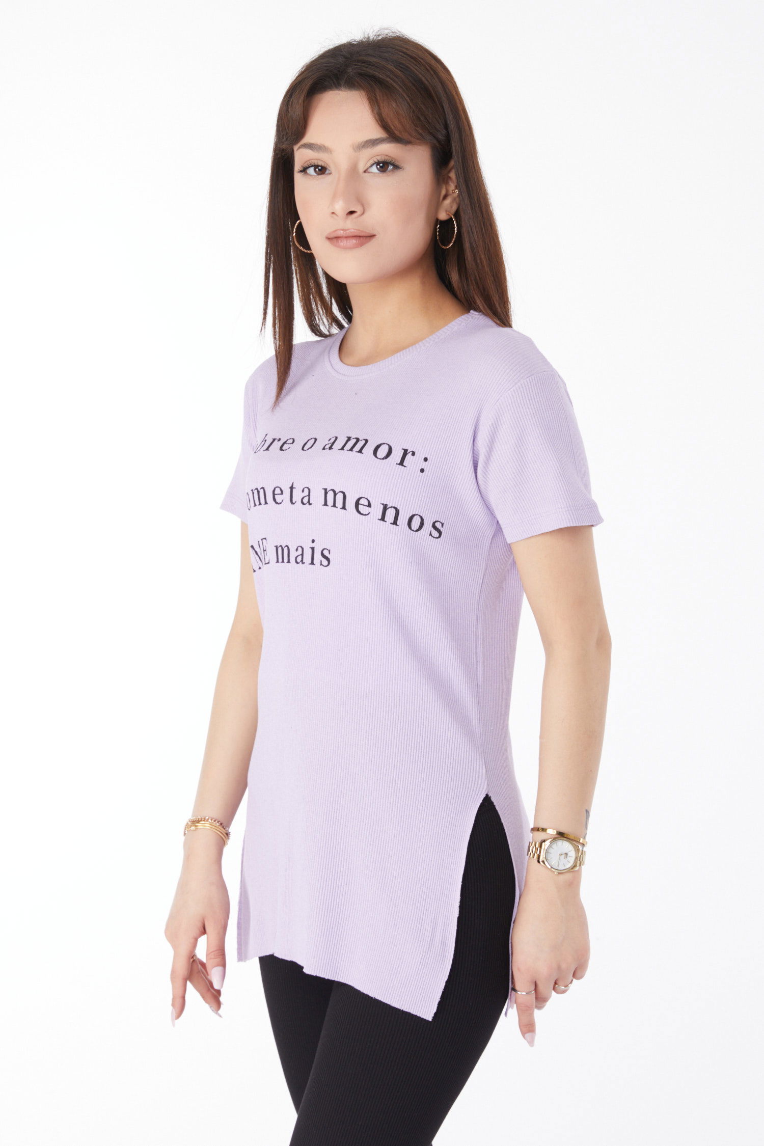 Düz Orta Kadın Lila Baskılı Yırtmaçlı T-shirt - 24792 - 4