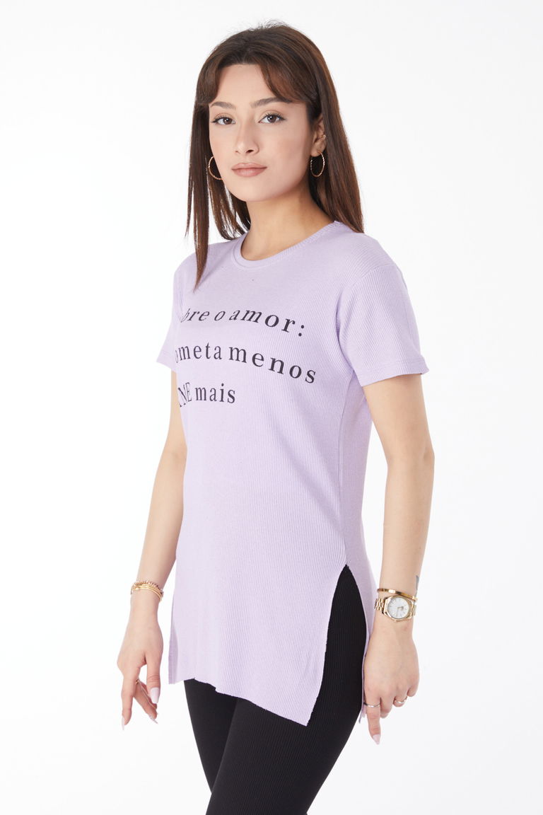 Düz Orta Kadın Lila Baskılı Yırtmaçlı T-shirt - 24792 - TOFİSA