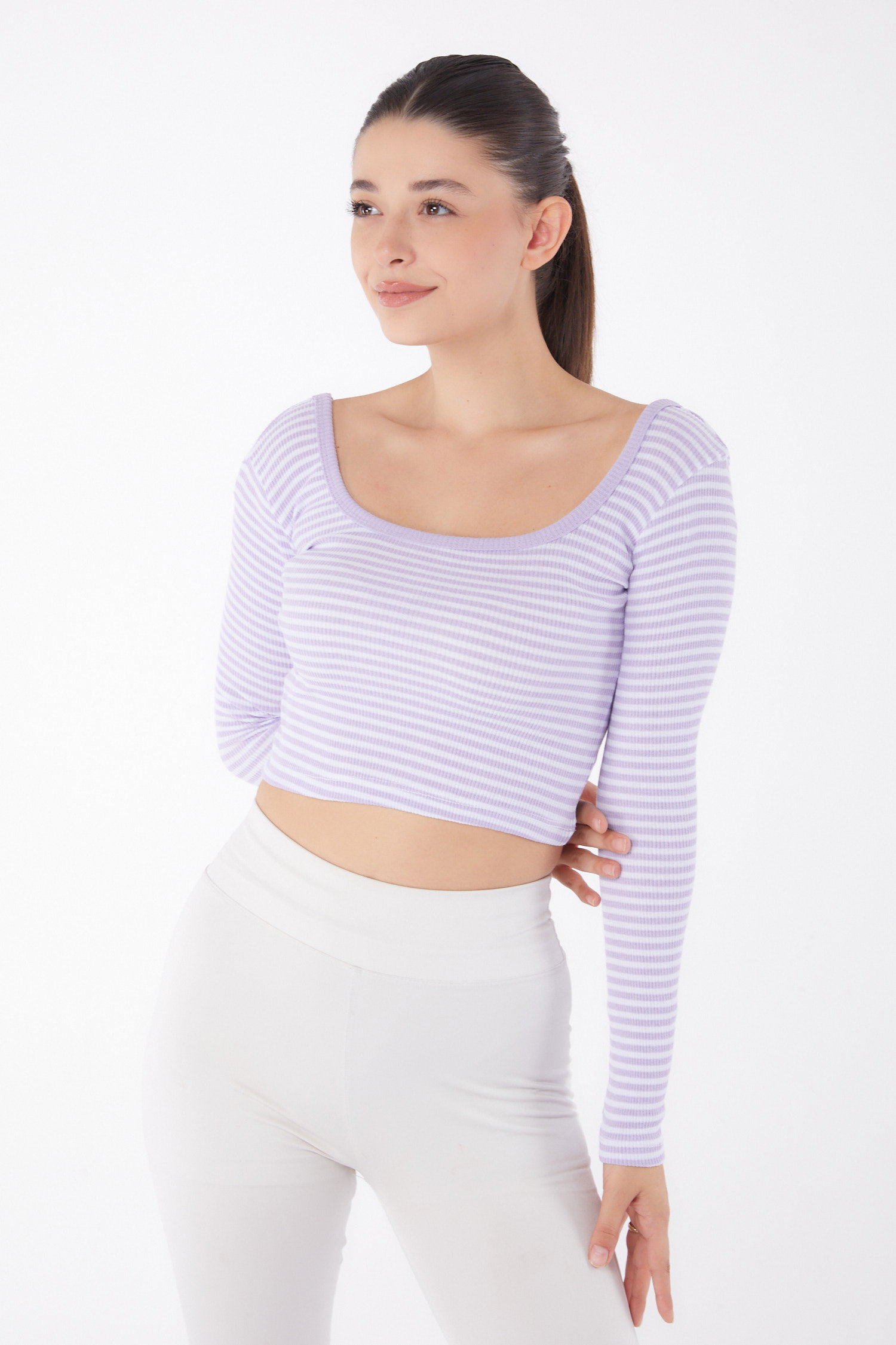 Düz Orta Kadın Lila Çizgili Crop - 26119 - 1