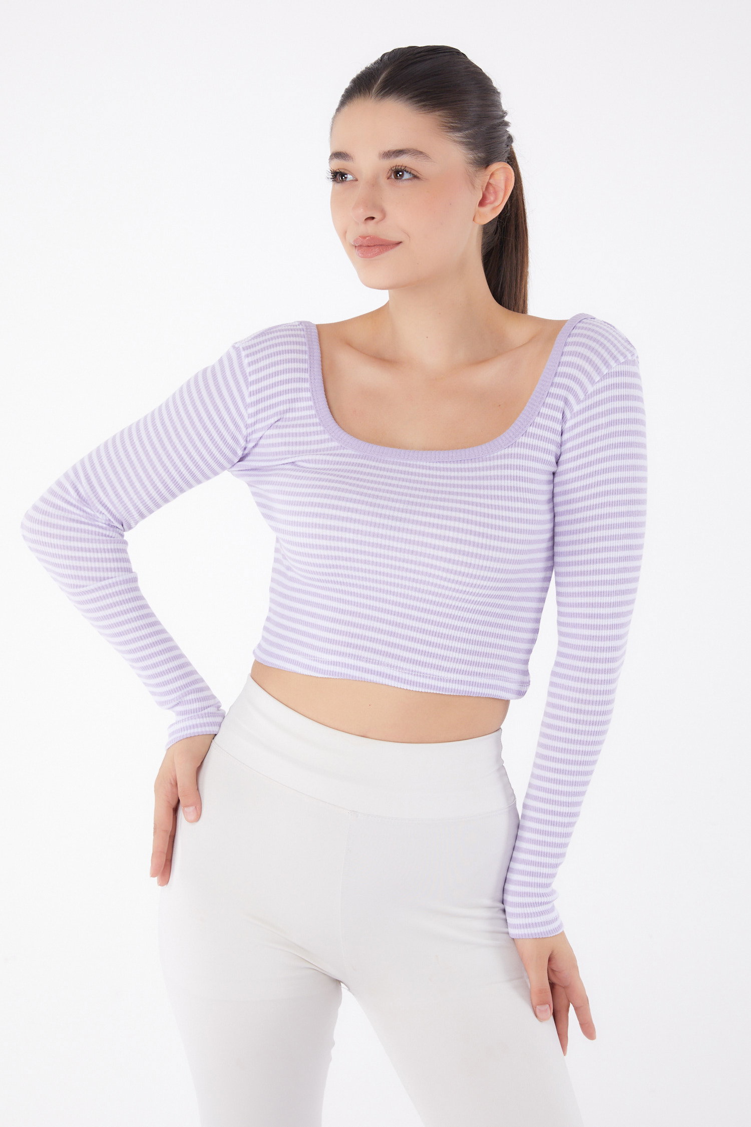 Düz Orta Kadın Lila Çizgili Crop - 26119 - 2