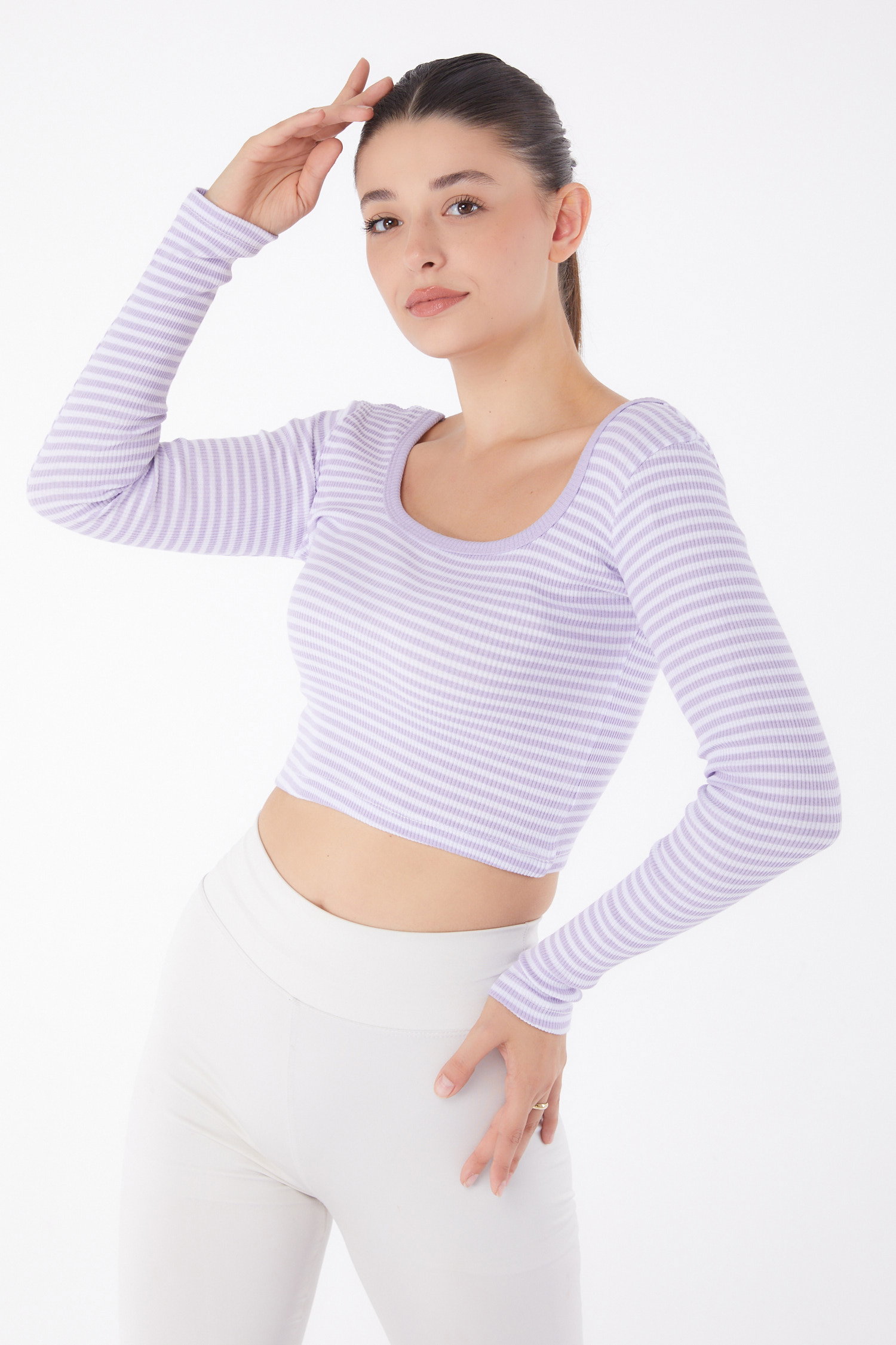 Düz Orta Kadın Lila Çizgili Crop - 26119 - 3