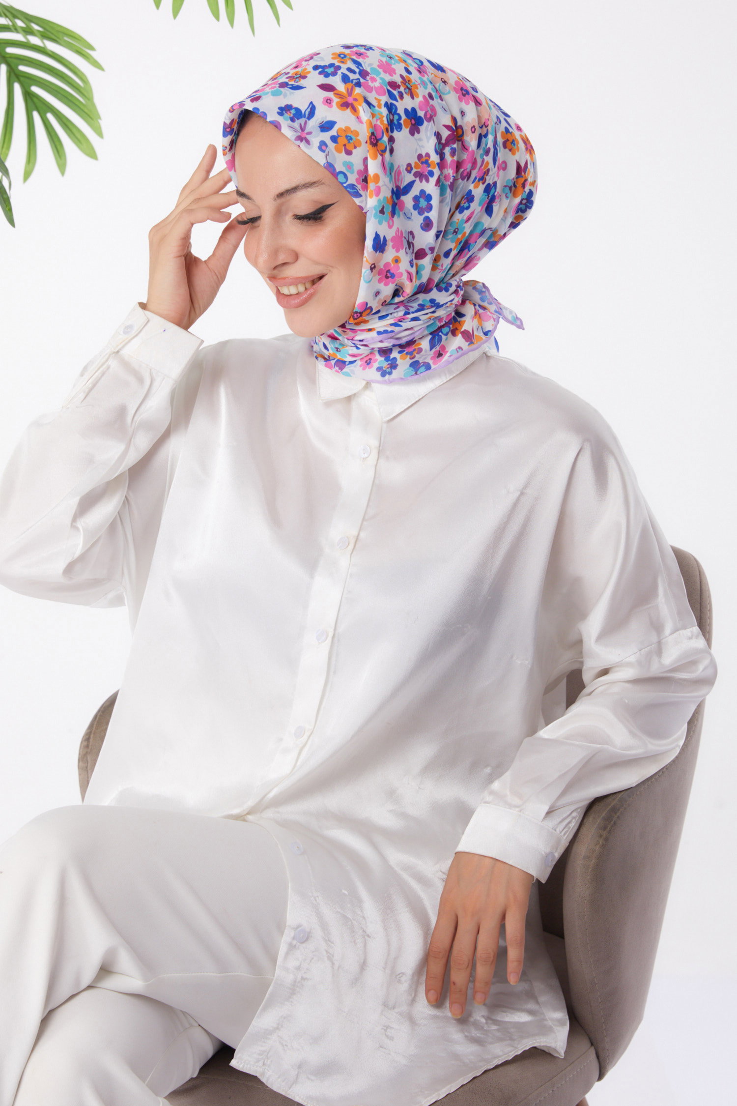 Düz Orta Kadın Lila Desenli Eşarp - 25975 - 2