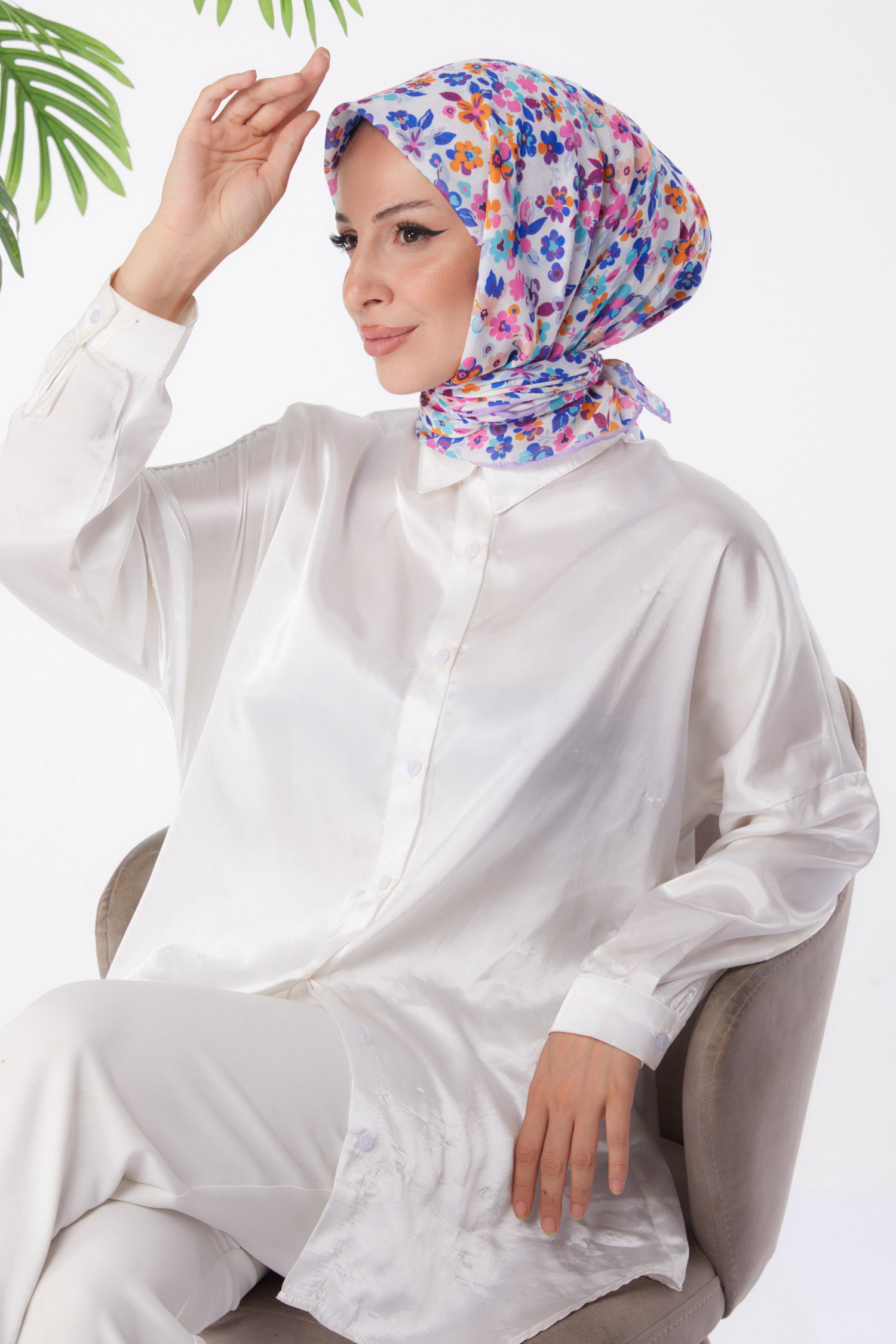 Düz Orta Kadın Lila Desenli Eşarp - 25975 - 3