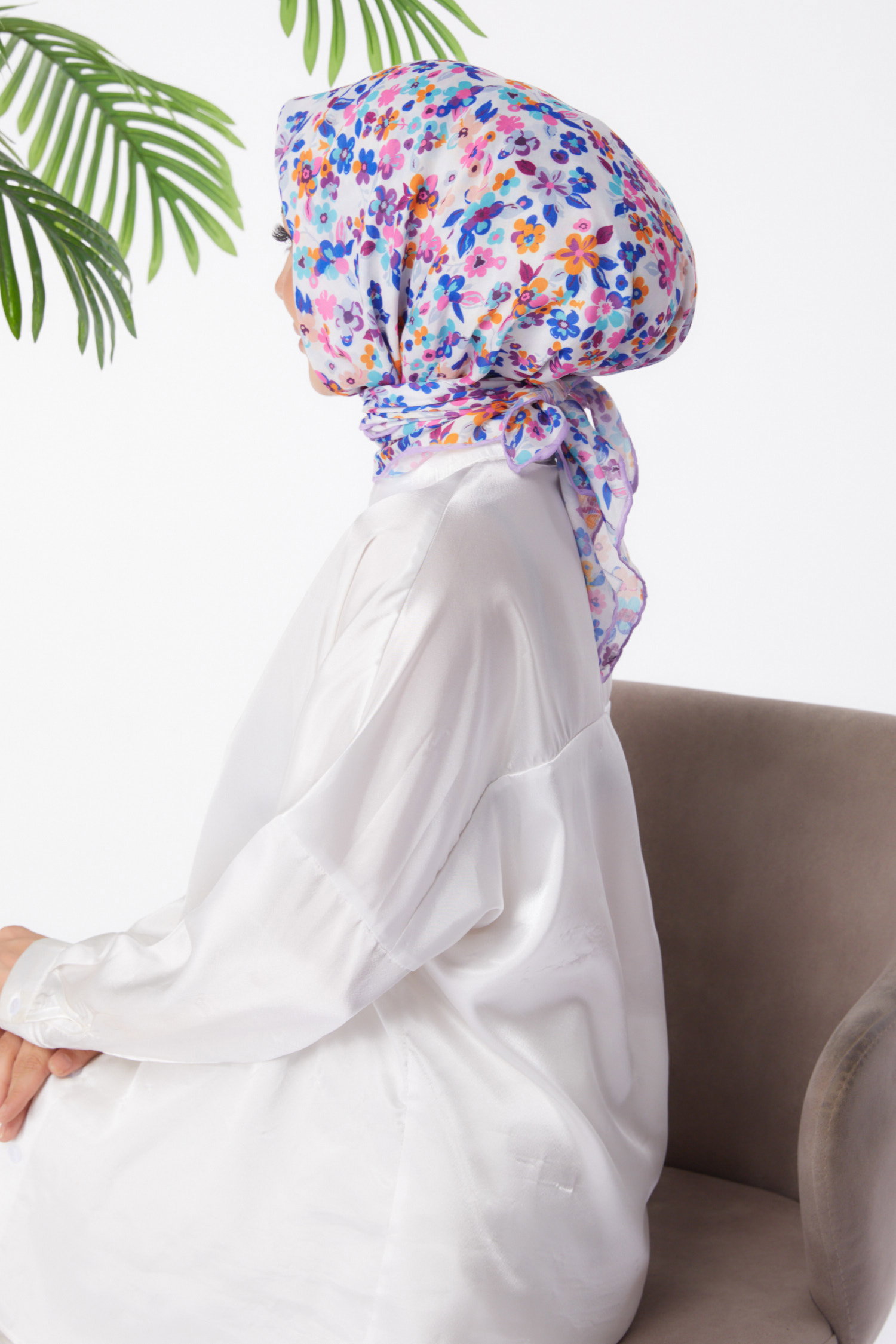 Düz Orta Kadın Lila Desenli Eşarp - 25975 - 4