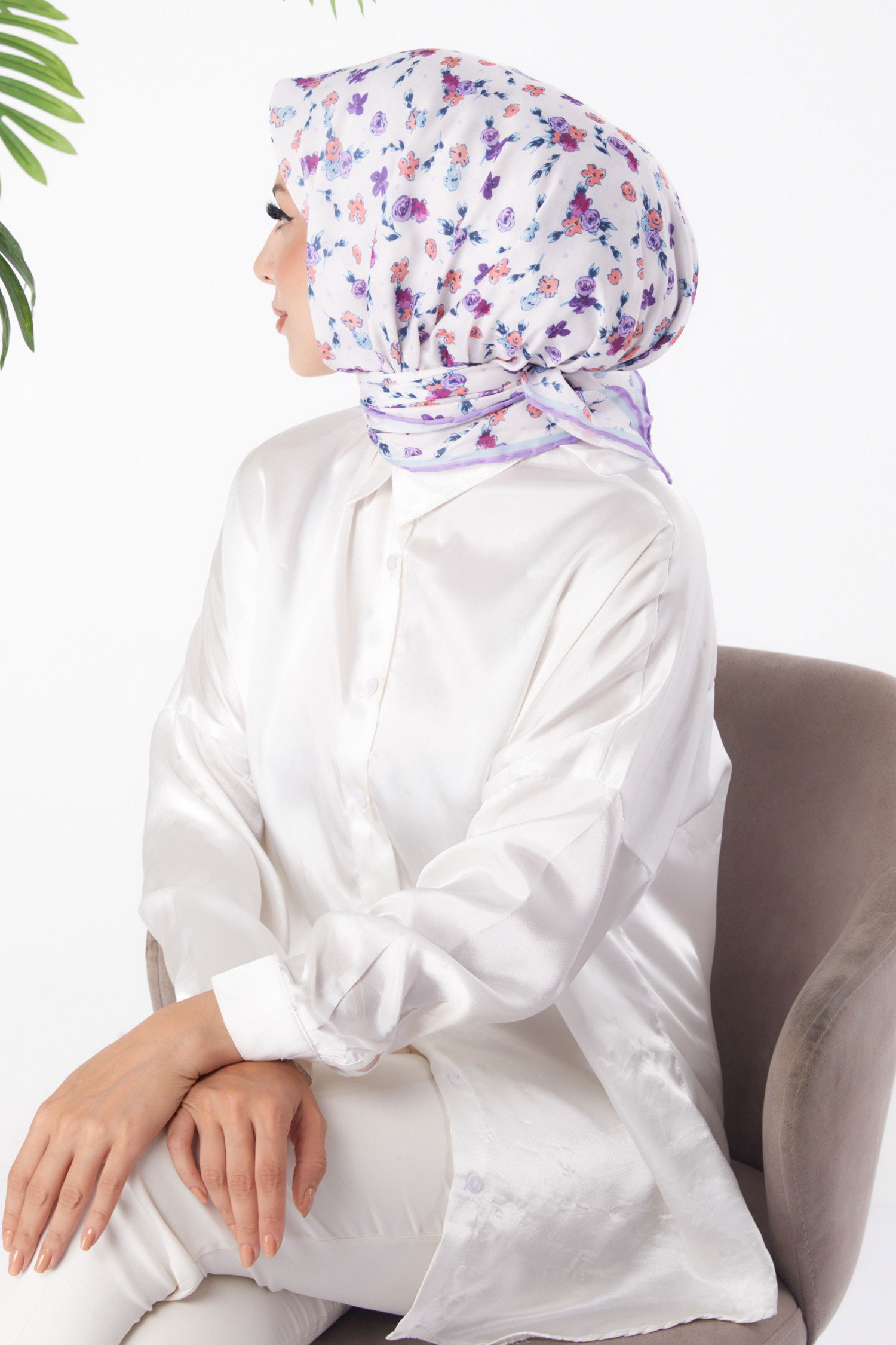 Düz Orta Kadın Lila Desenli Eşarp - 25978 - 3