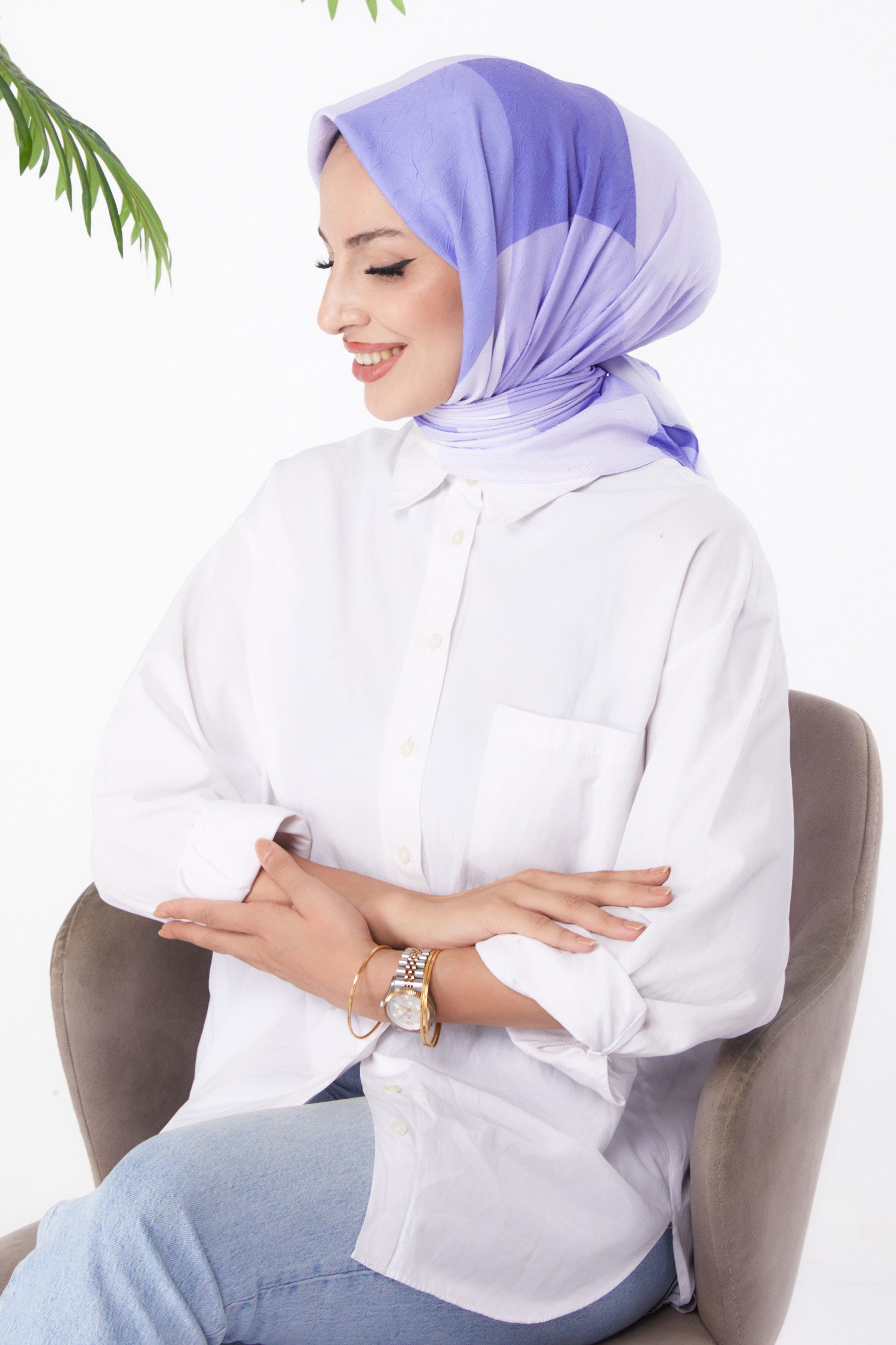 Düz Orta Kadın Lila Desenli Eşarp - 26148 - 2